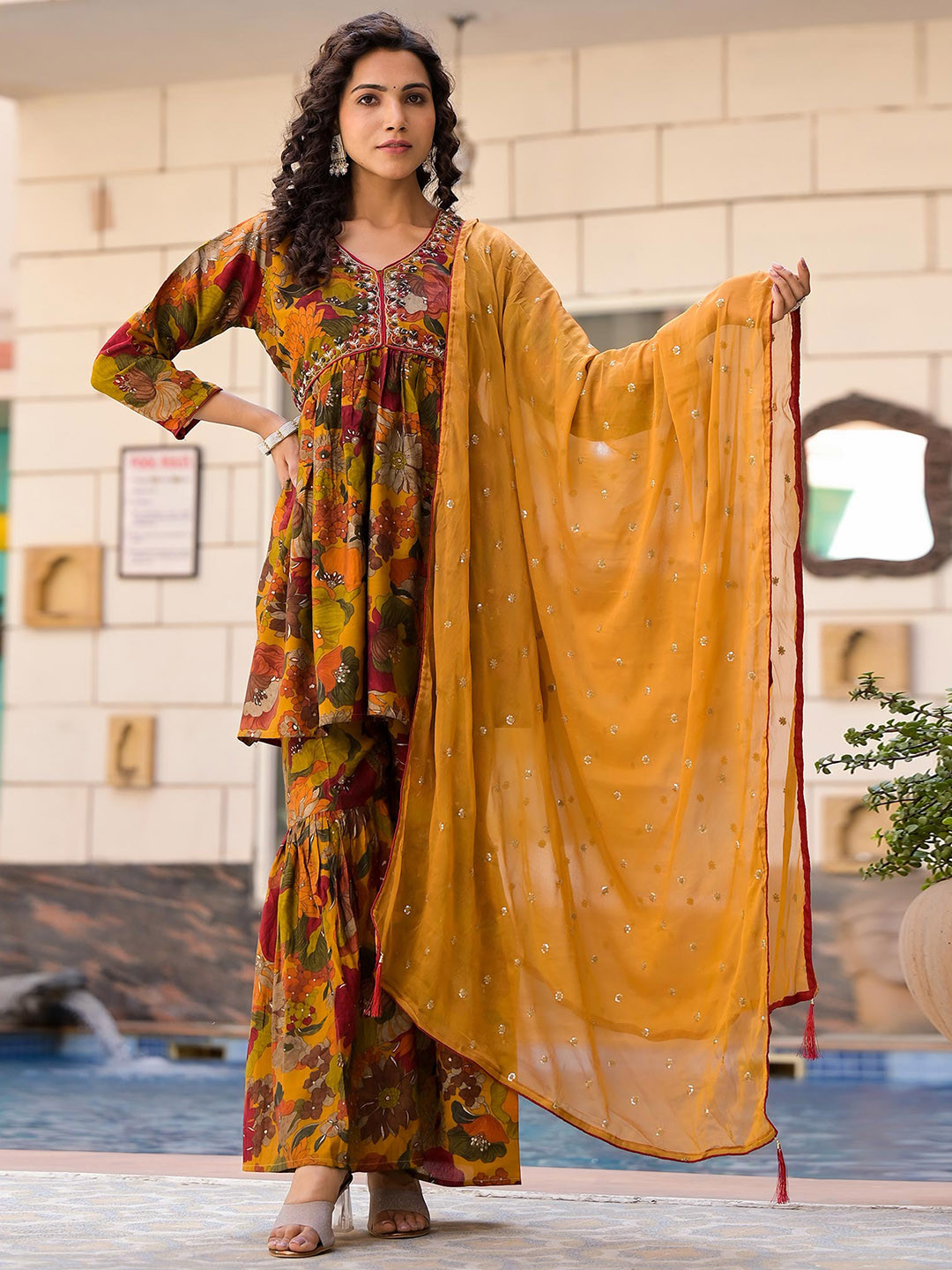 Peachmode Floral Printed Empire Sequinned Chanderi Silk Kurtawith Sharara & Dupatta