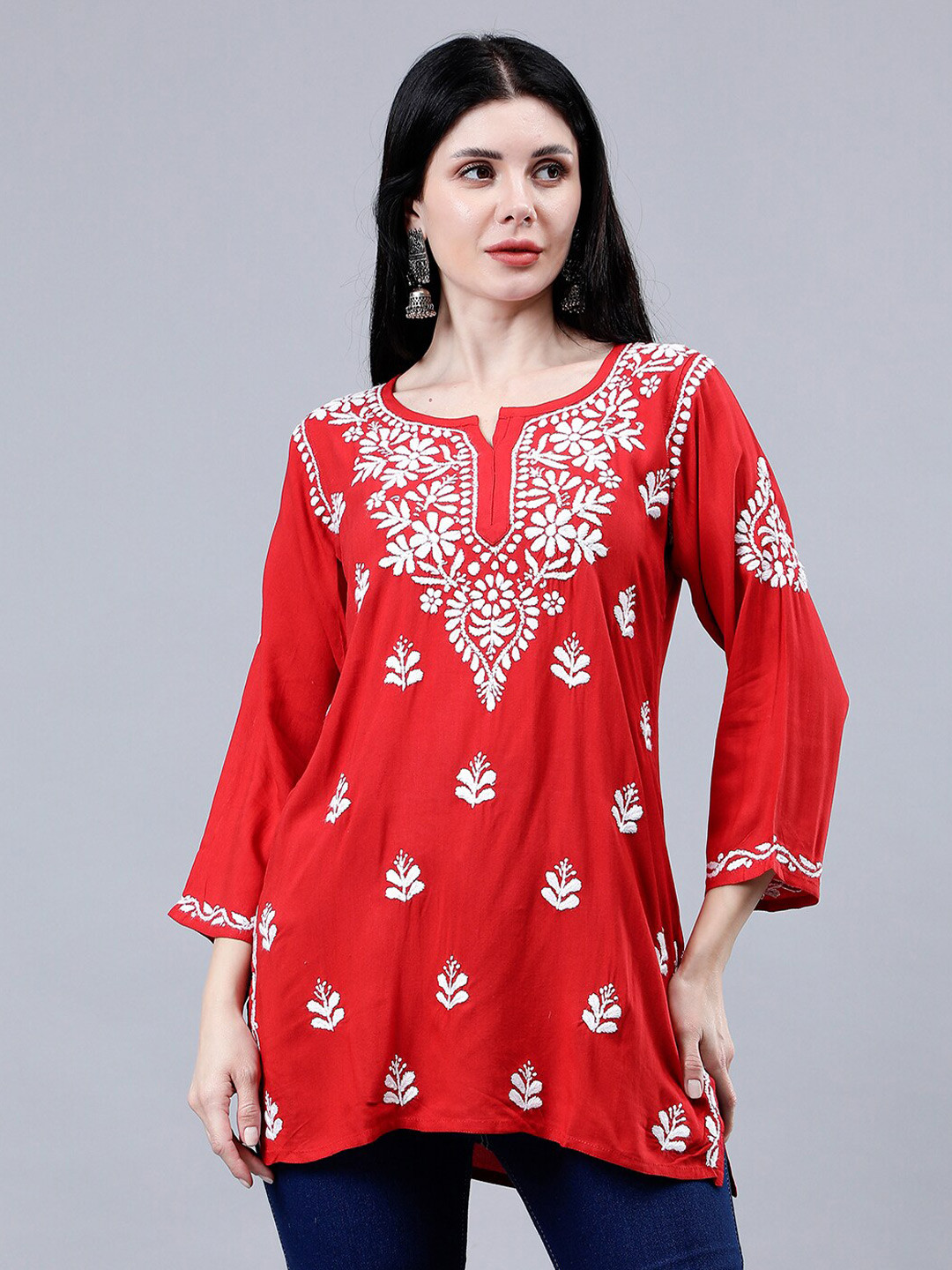 Seva Chikan Ethnic Motifs Three-Quarter Sleeves Round Neck Embroidered Chikankari Kurti
