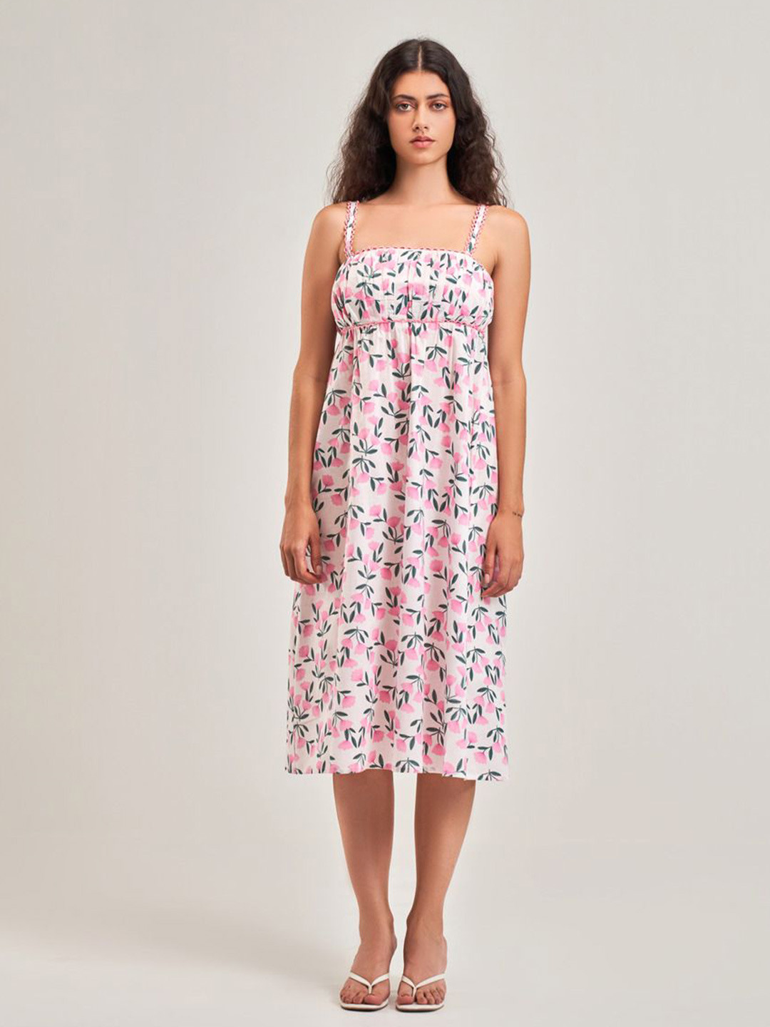 SOTBELLA Floral Printed Shoulder Straps Gathered  Cotton Midi A-Line Dress