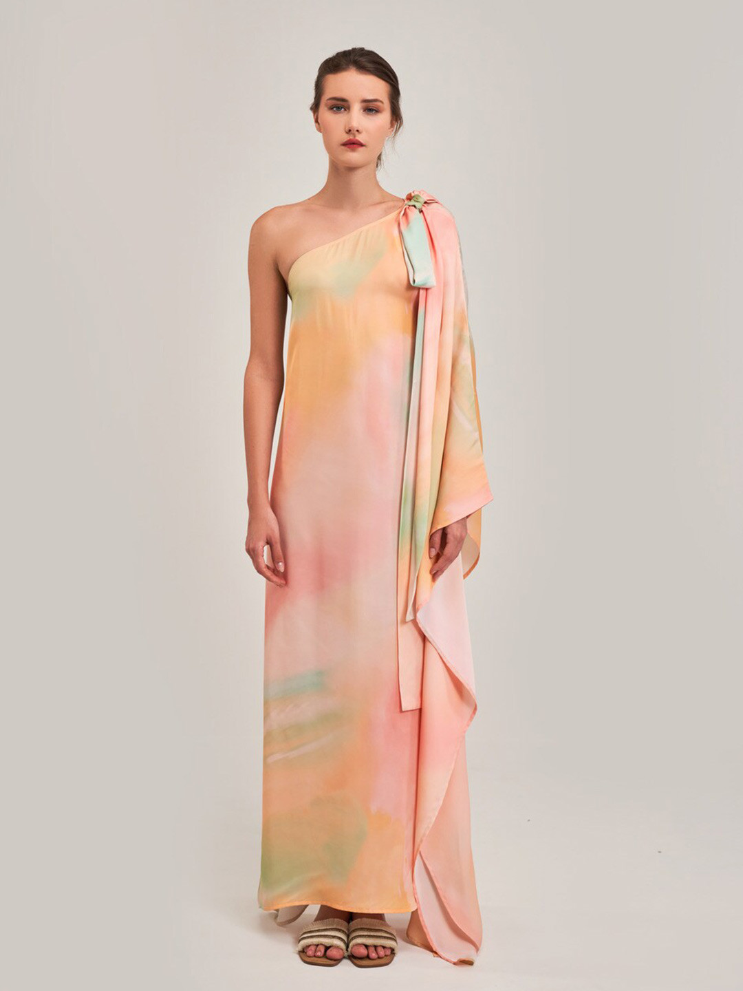 SOTBELLA One Shoulder Sleeveless Tie and Dye Satin Maxi Dress