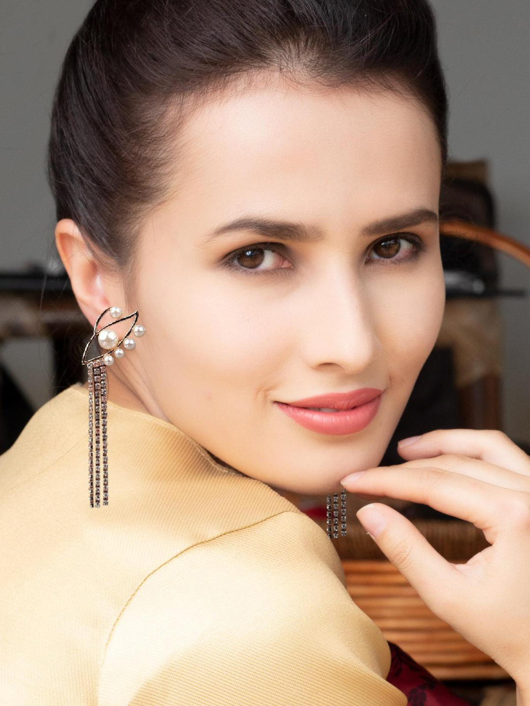 ODETTE Gold-Plated Rhinestone Stone Studded Contemporary Drop Earrings