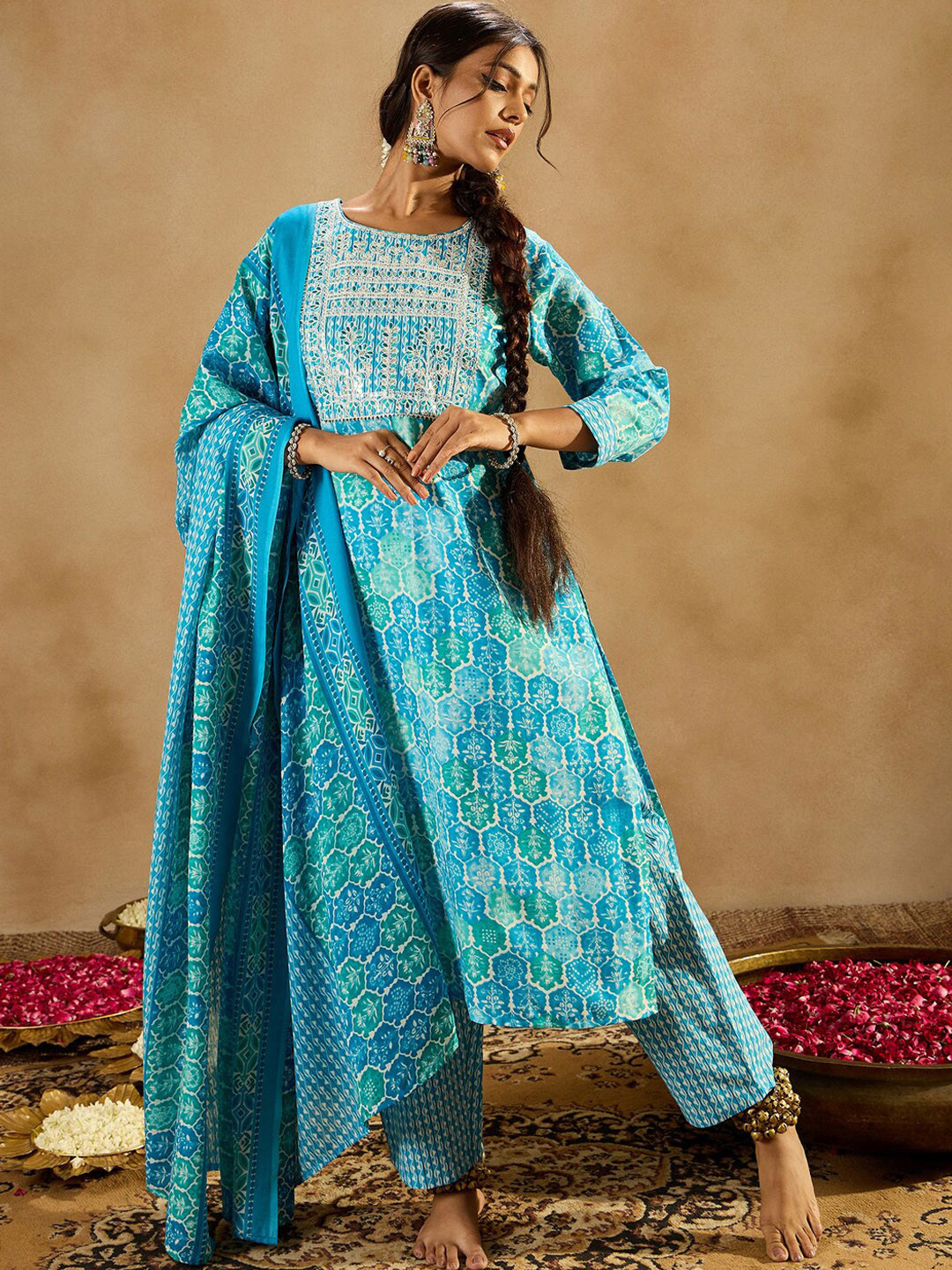 Indo Era Printed Regular Thread Work Pure Cotton Straight Kurta with Trousers & Dupatta