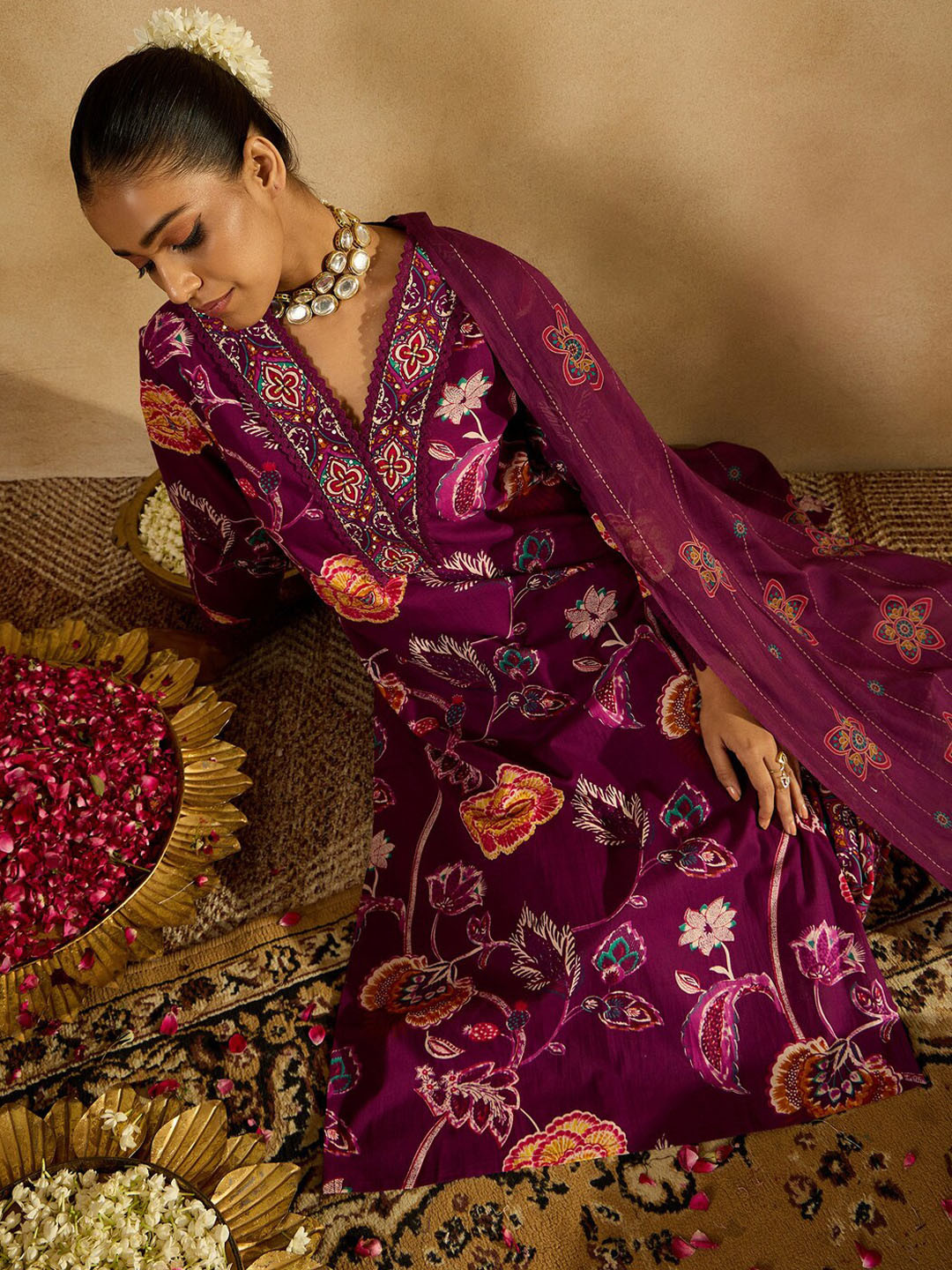 Indo Era Burgundy Floral Printed V-Neck Sequinned Pure Cotton Straight Kurta Set