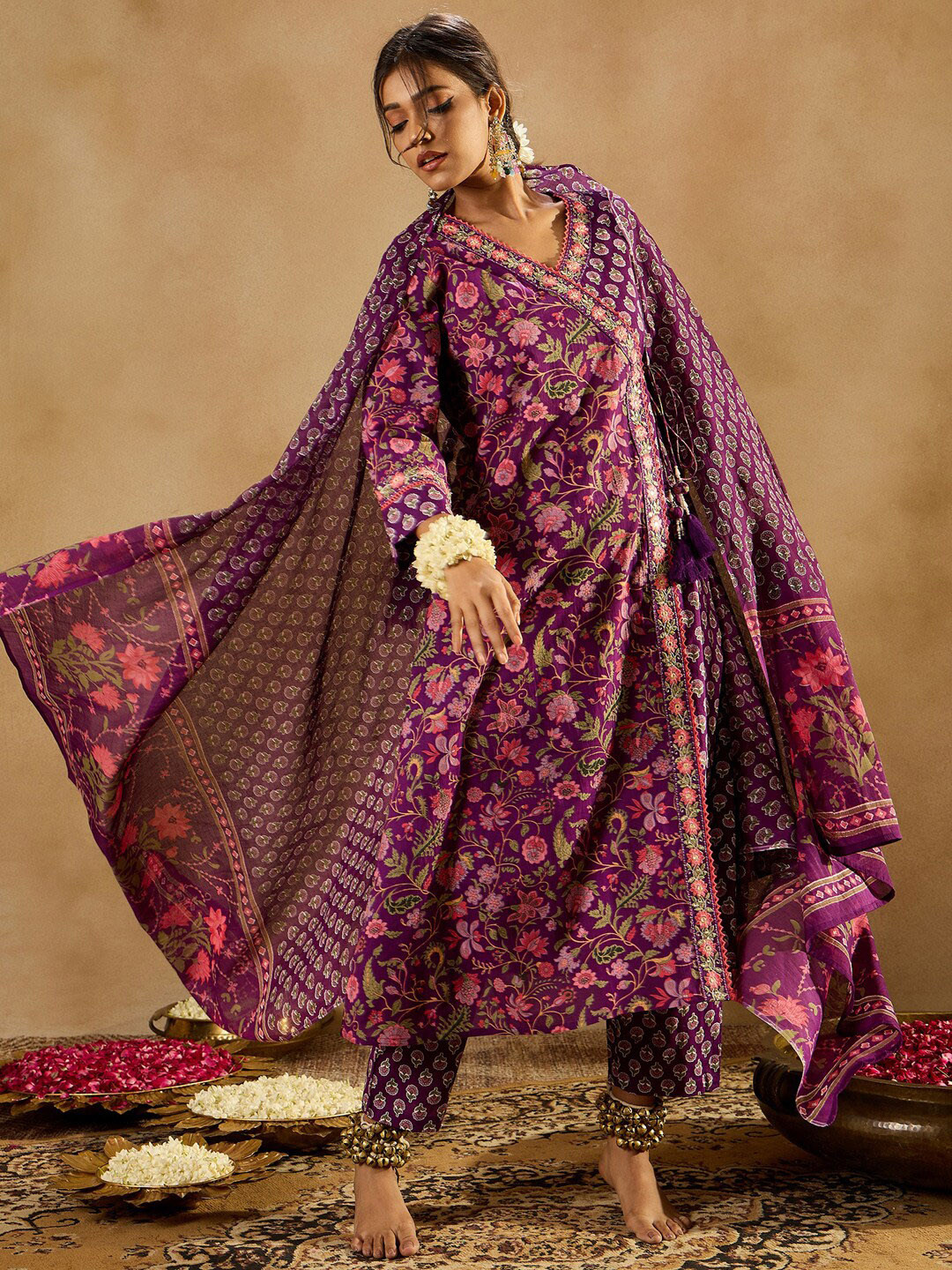 Indo Era Purple Floral Printed Angrakha V-Neck Thread Work Pure Cotton A-Line Kurta Set