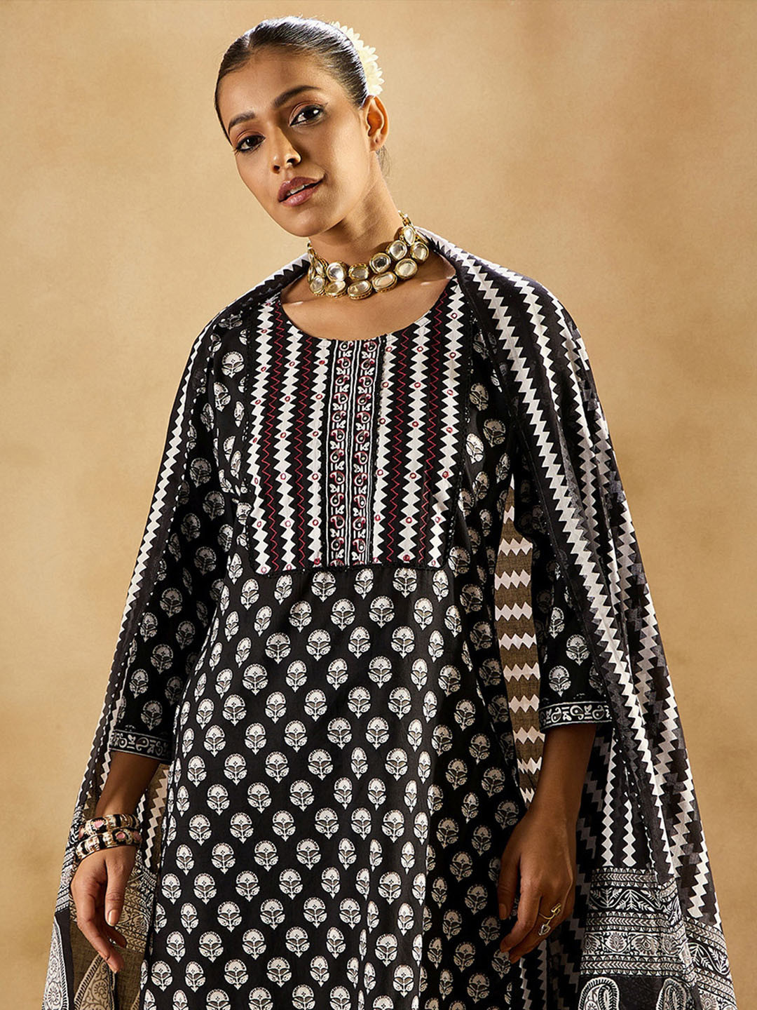 Indo Era Black Ethnic Motifs Printed Round Neck Thread Work Pure Cotton Straight Kurta Set