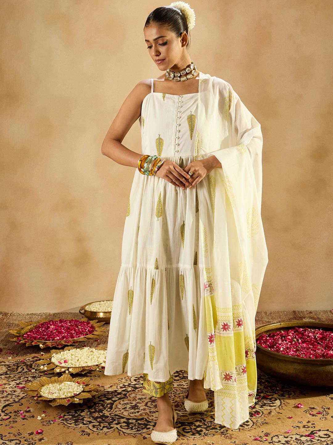 Indo Era Ethnic Motifs Printed Tiered Pure Cotton A-Line Kurta With Trousers & Dupatta