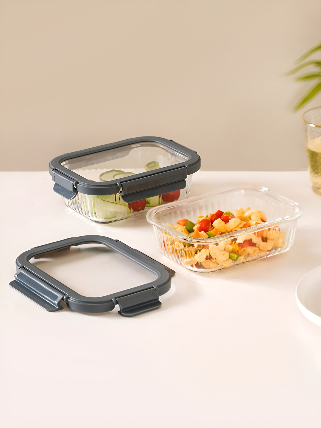 Nestasia Transparent 2 Pieces Rectangle Airtight Glass Lunch Box 640ml