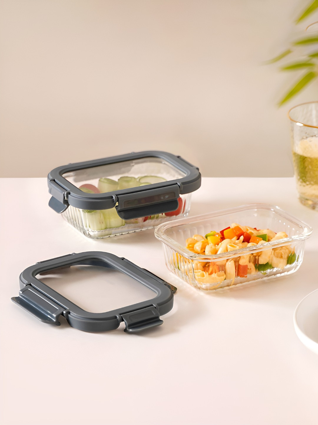 Nestasia Grey & Transparent 2 Pieces Glass Food Safe Lunch Boxes - 370ml