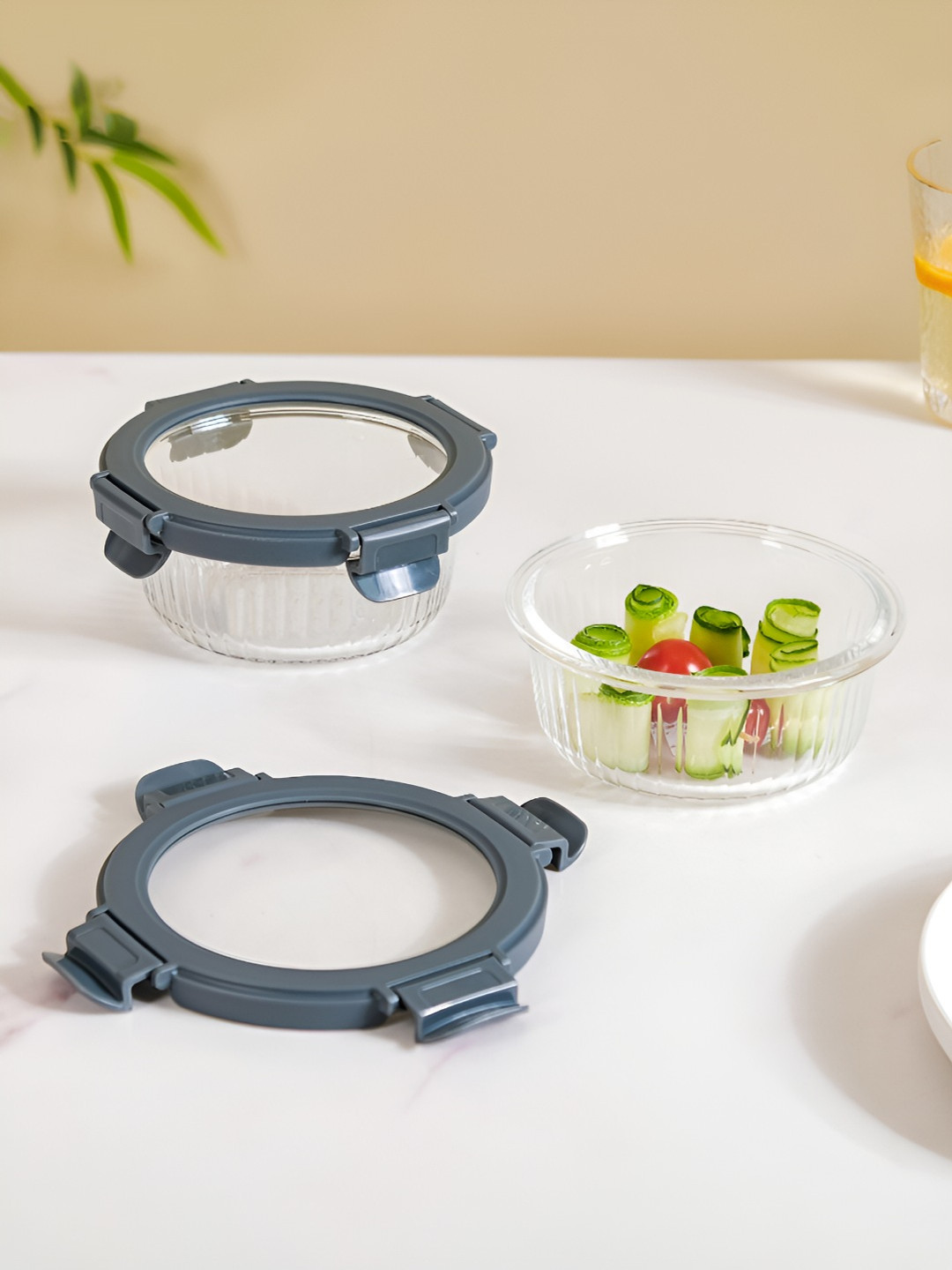 Nestasia Transparent & Grey 2 Pieces Glass Air Tight Lunch Box 400 ml