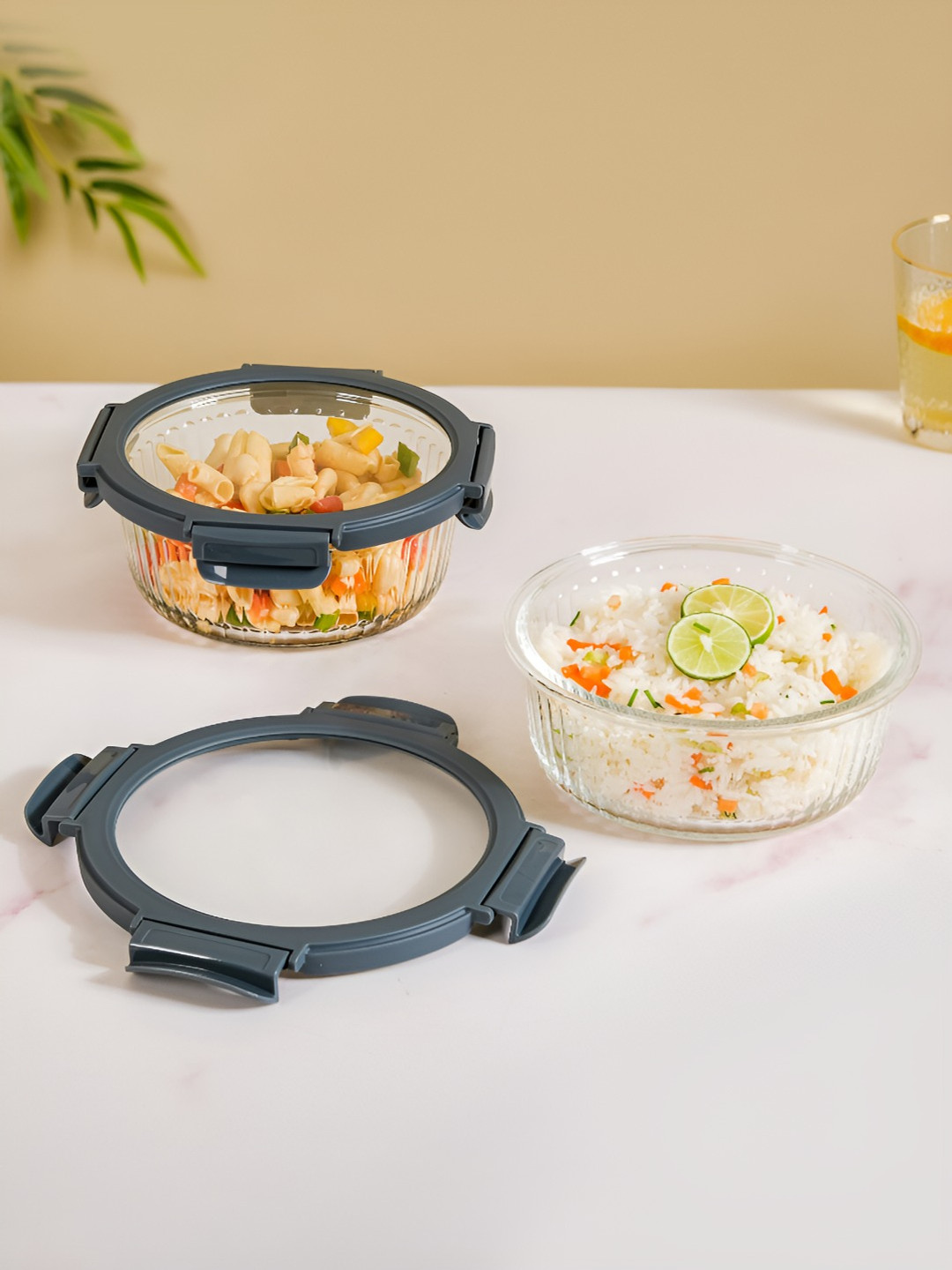 Nestasia Transparent & Grey 2 Pieces Microwave Safe Glass Lunch Boxes 950 ml