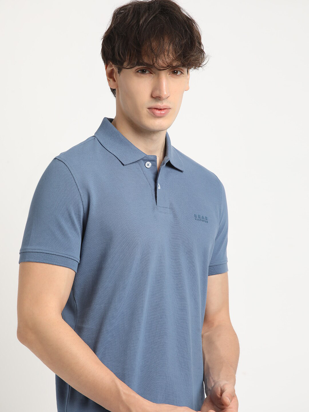 THE BEAR HOUSE Men Blue Knitted Polo Pure Cotton Collar Regular Fit T-shirt