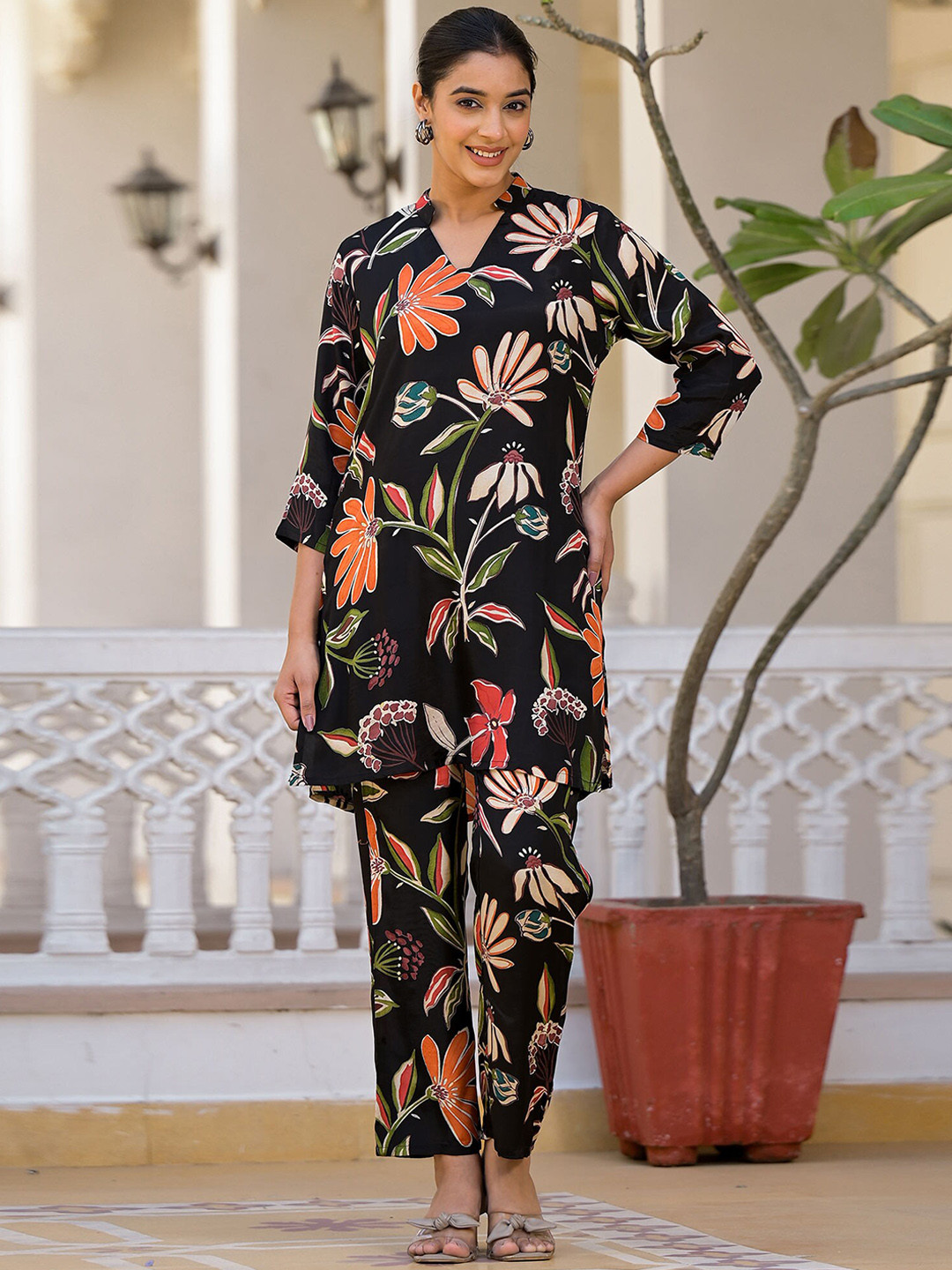 Peachmode Floral Printed Mandarin Collar Regular Straight Pure Cotton Co-Ord Set