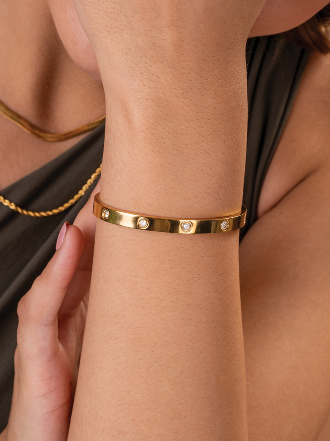 PALMONAS Stainless Steel Artificial Stones Gold Plated Armlet Bracelet