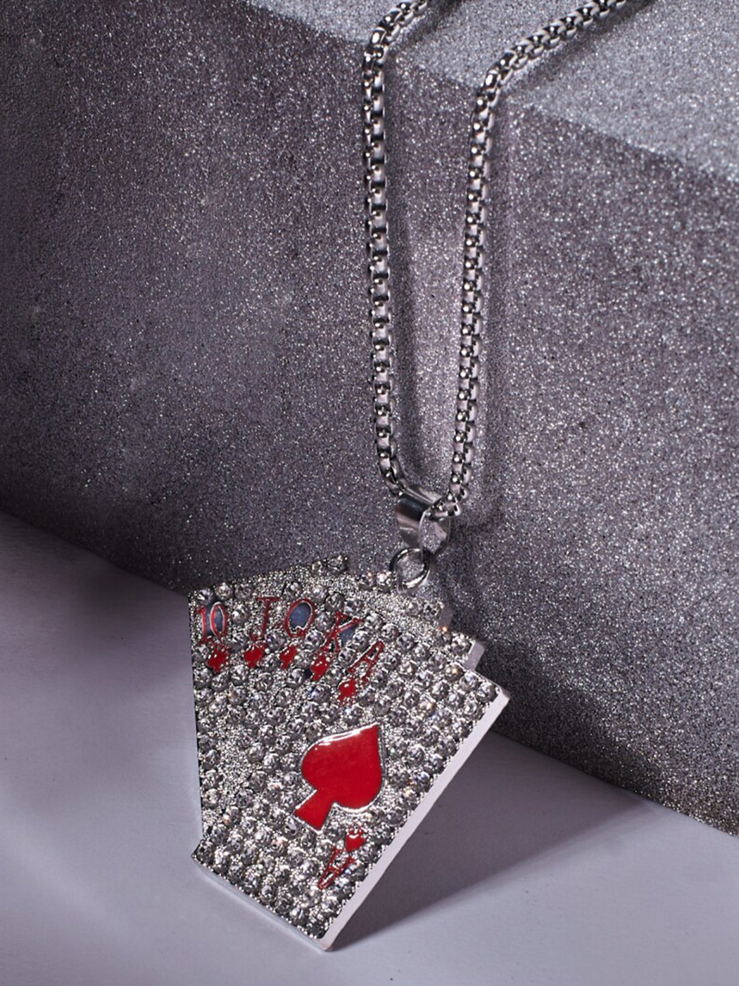 SALTY Men Silver-Plated Stainless Steel Stones Studded Pip Cards Pendant & Chain