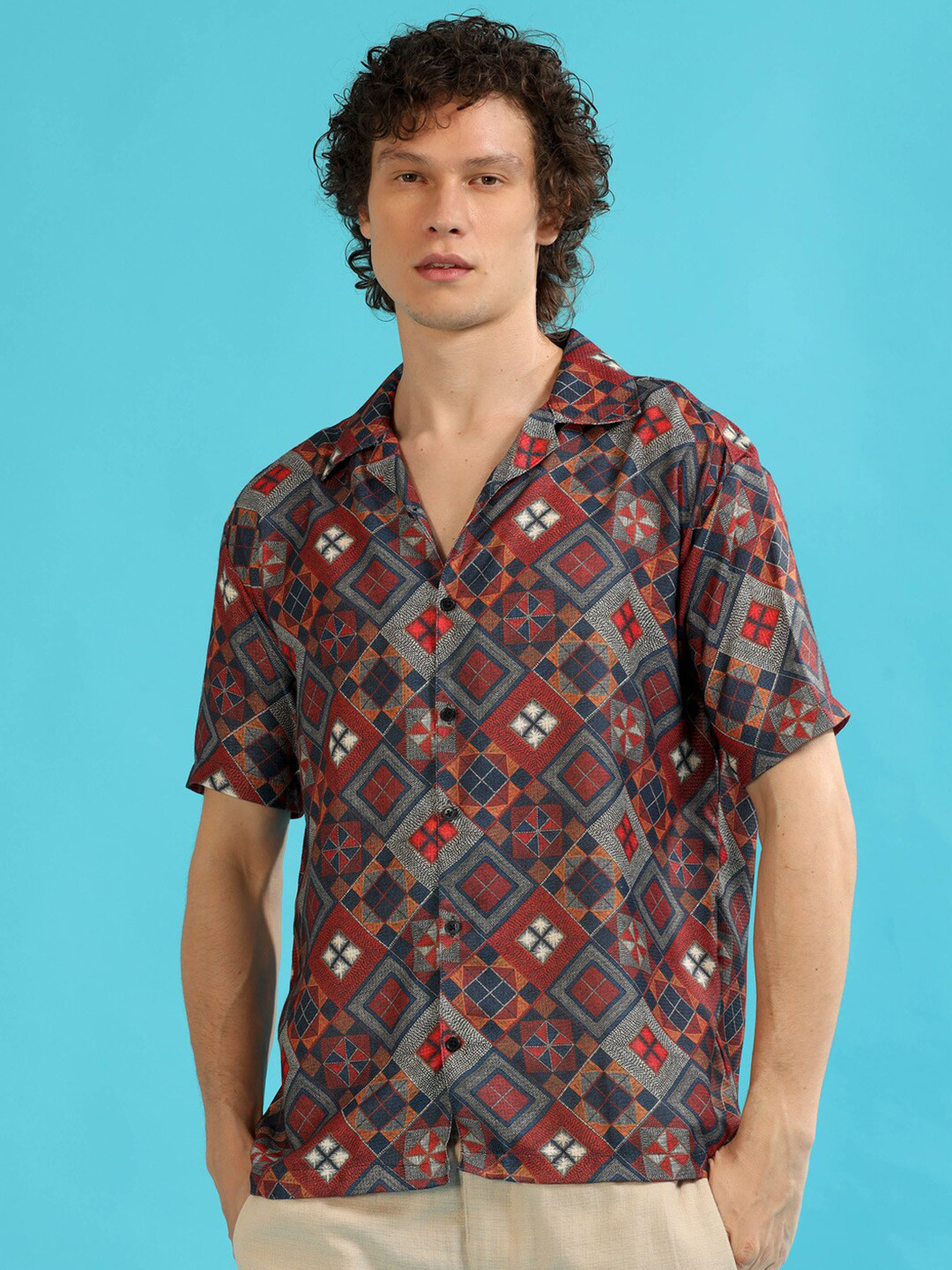 Bushirt Relaxed Geometric Printed Spread Collar Short Sleeves Oversize Party Shirt