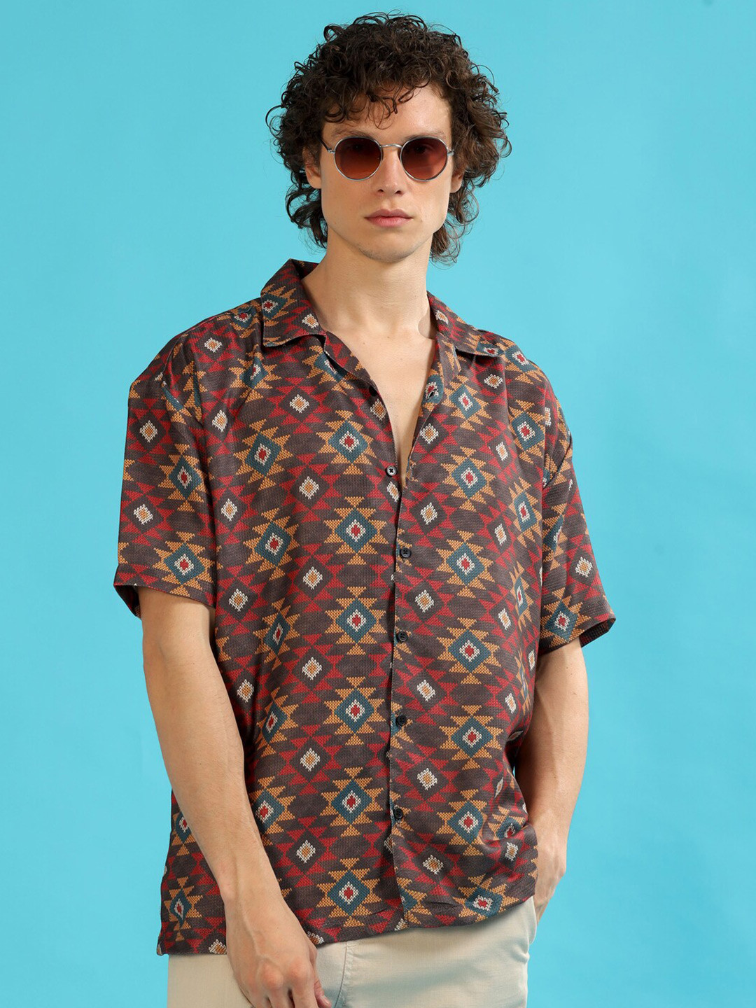 Bushirt Relaxed Floral Printed  Spread Collar Short Sleeves Oversize Party Shirt