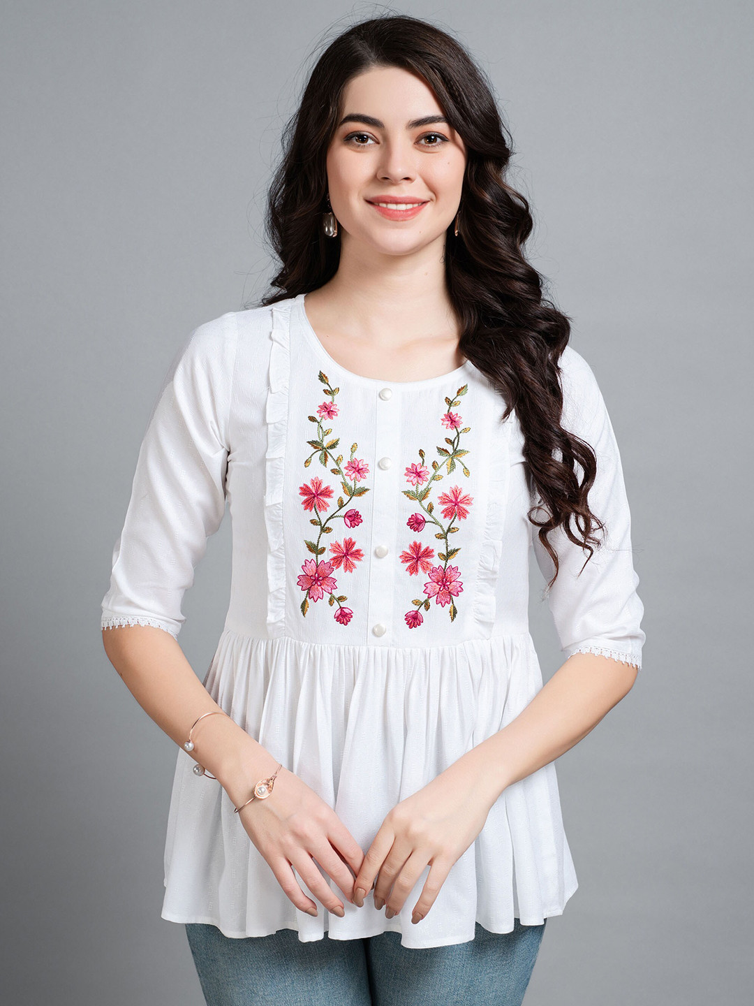 MOJILAA Women Floral Embroidered Peplum Top