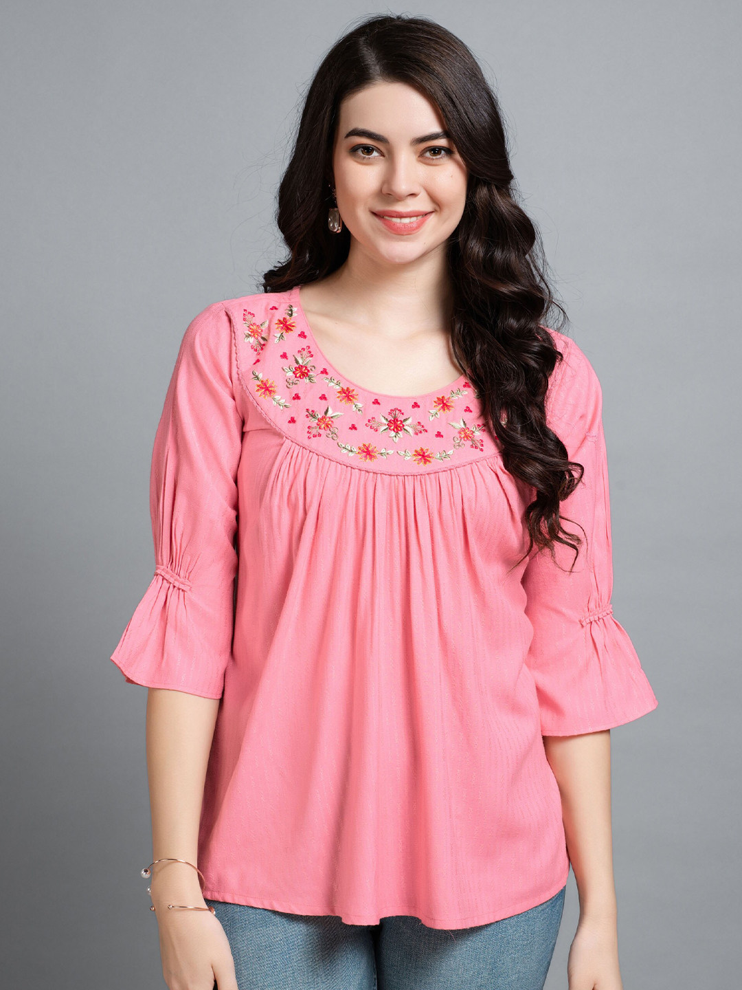 MOJILAA Scoop Neck Bell Sleeves Gathered or Pleated A-Line Top