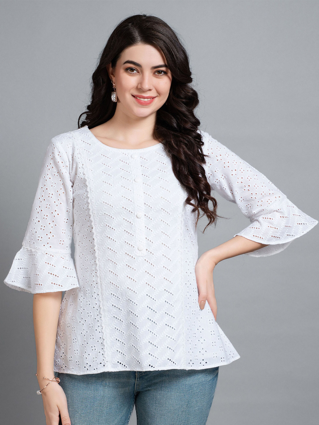 MOJILAA Self Design Bell Sleeves A-Line Schiffli Top