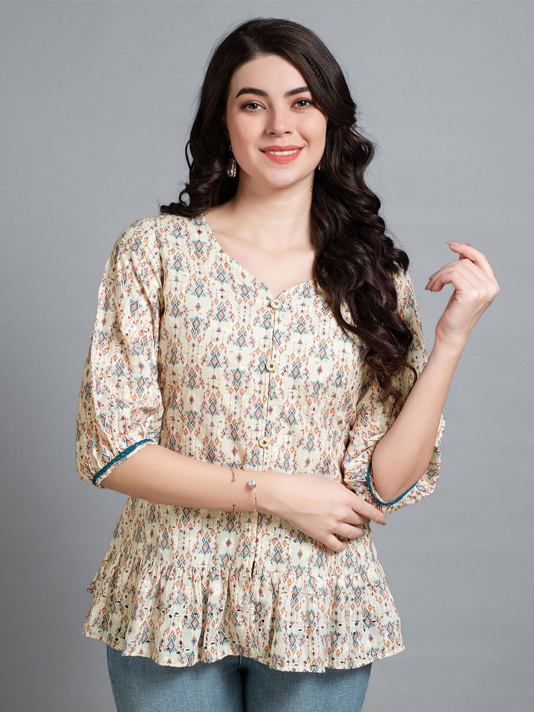 MOJILAA Women Pure Cotton Blend Geometric Bored Schiffli Embroidered Shirt Style Top