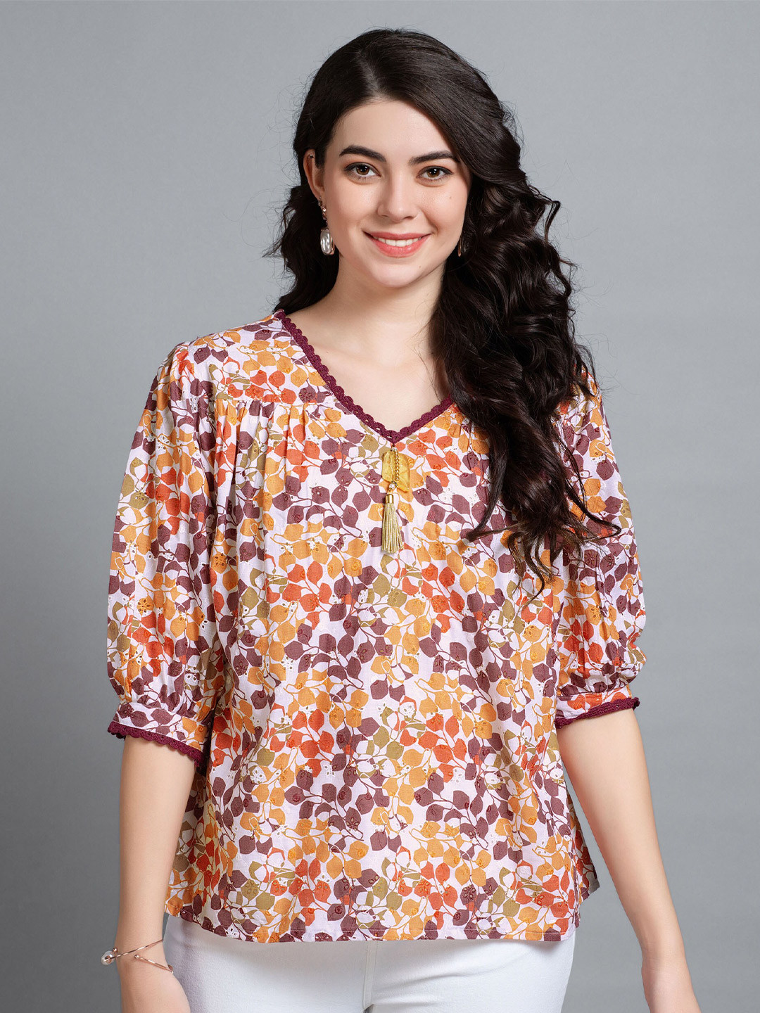 MOJILAA Women Pure Cotton Blend Abstract Bored Schiffli Embroidered A-line Top