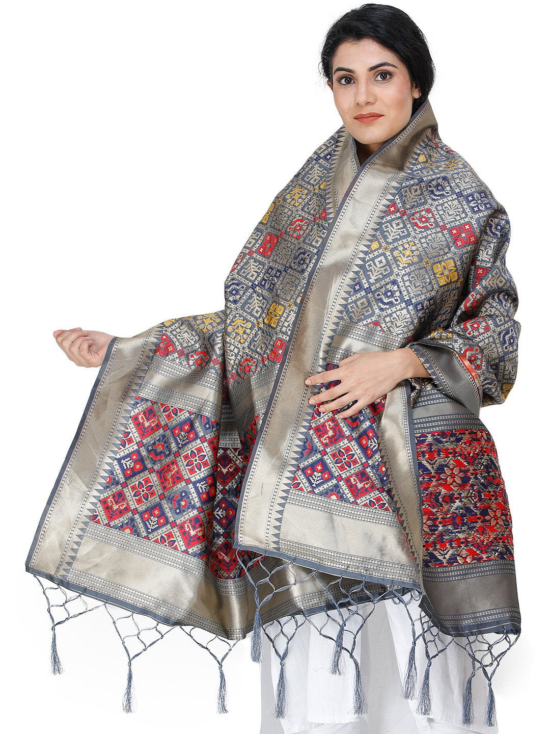 Exotic India Castle Rock Brocade Art Silk Dupatta with Multi-Color Thread Weave