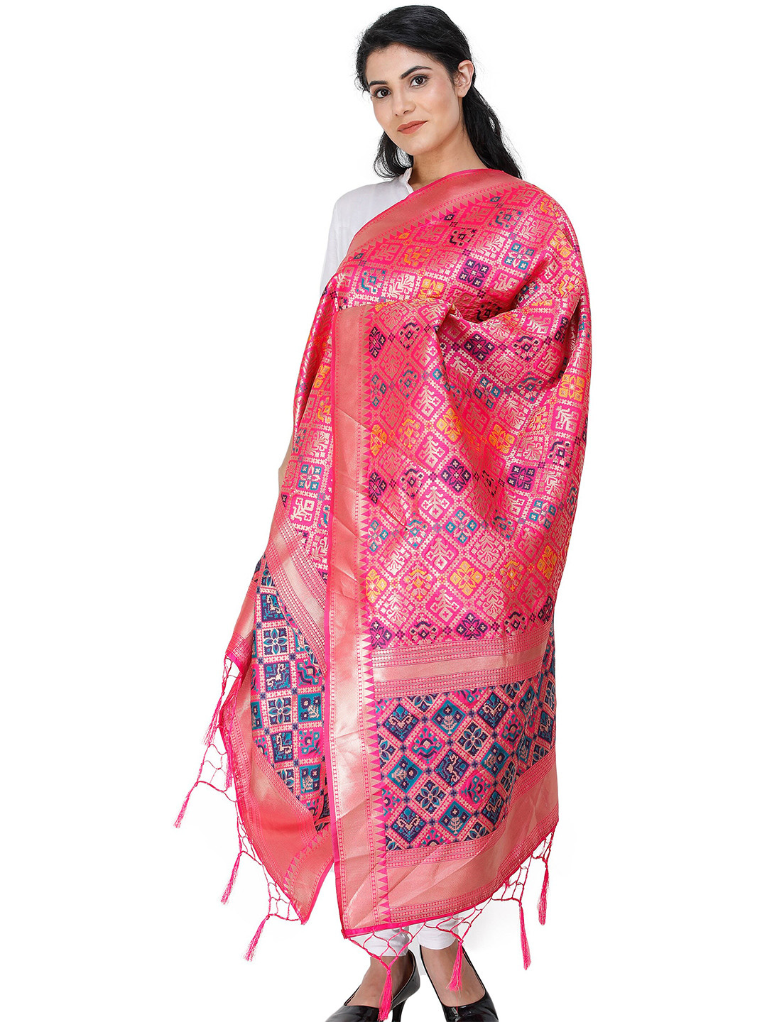 Exotic India Raspberry Sorbet Brocade Art Silk Dupatta with Multi-Color Thread Weave