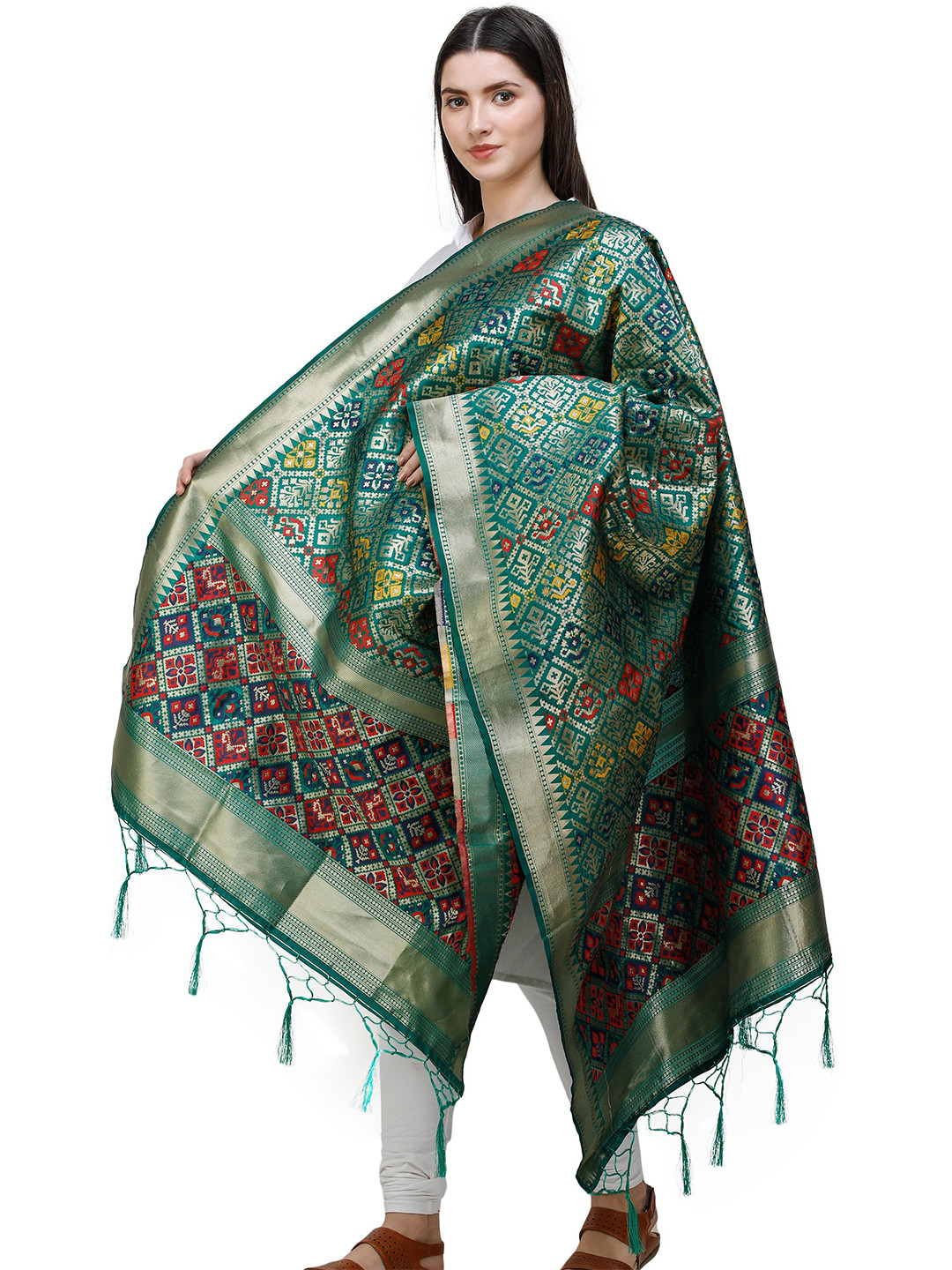 Exotic India Juniper Green Brocade Art Silk Dupatta with Multi-Color Thread Weave