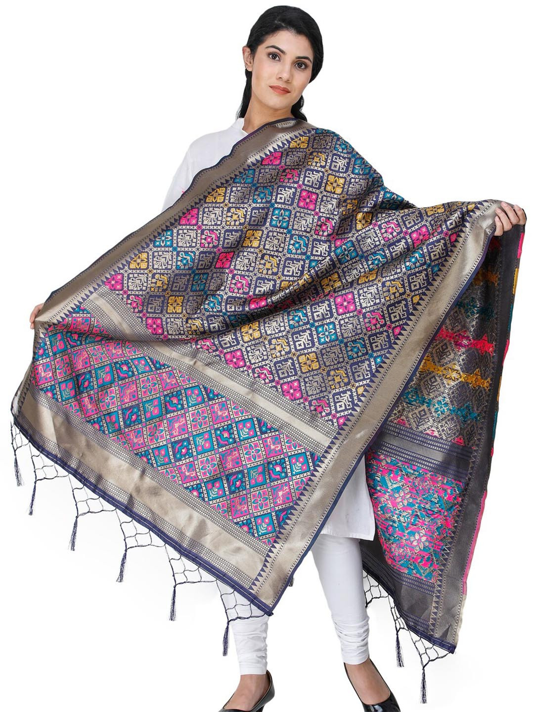 Exotic India Navy Blue Brocade Art Silk Dupatta with Multi-Color Thread Weave
