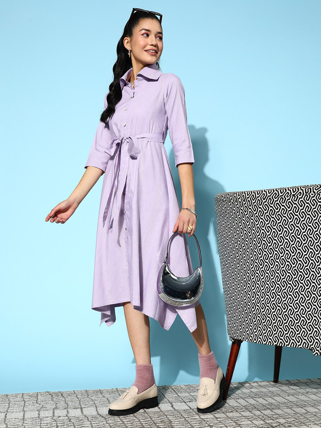 KALINI Striped Printed Shirt Collar Three-Quarter Sleeves Cotton Dress