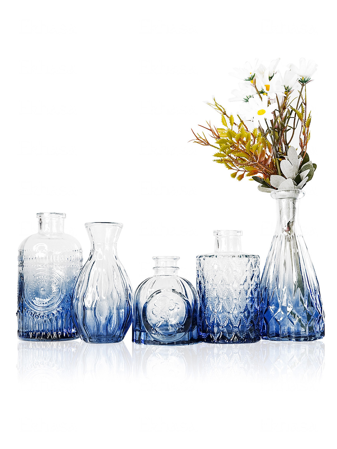 Nostrae by Ekhasa Well Embossed Blue 5 Pieces Pure Crystal Transparent Glass Vases