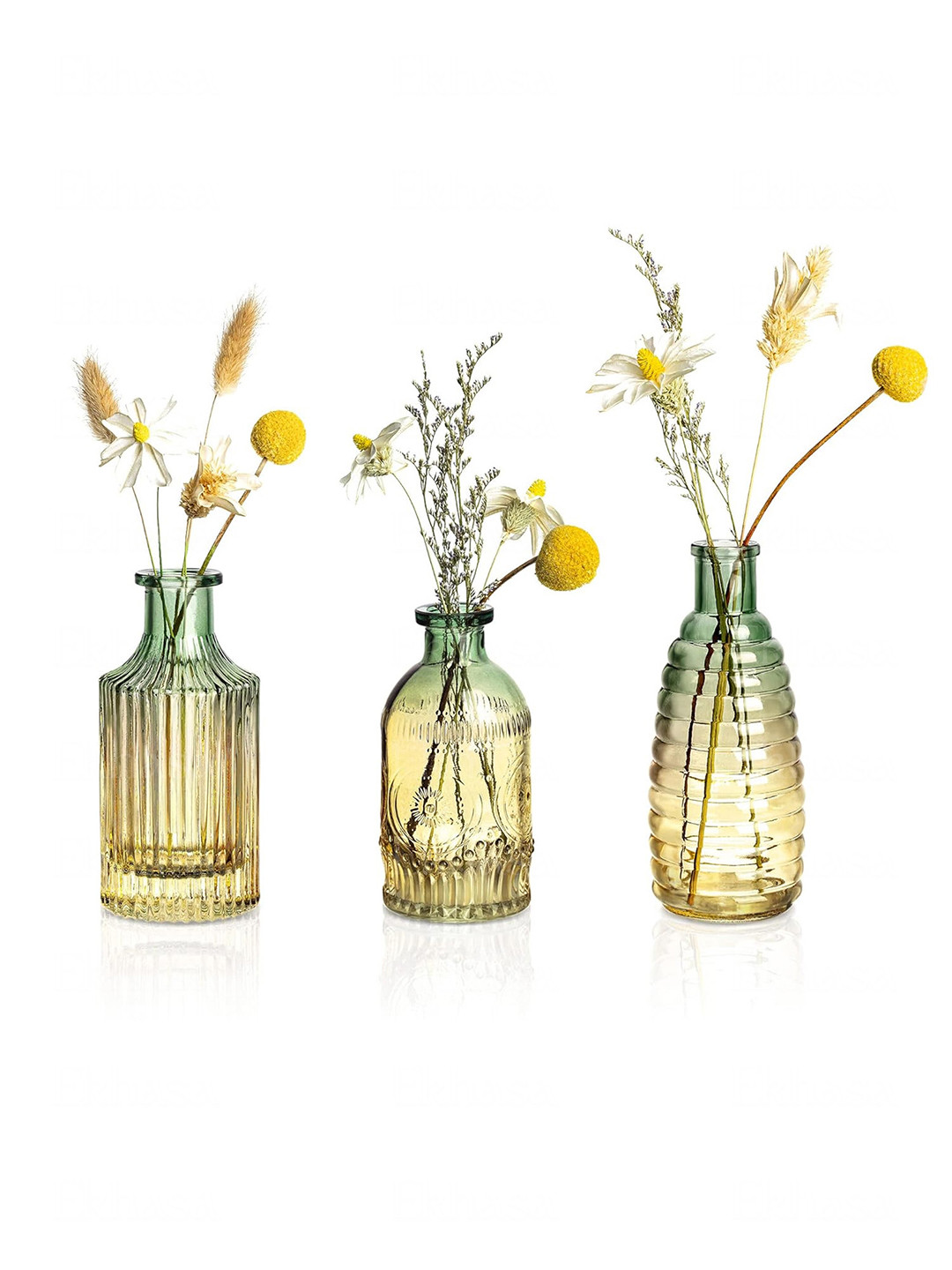 Nostrae by Ekhasa Green 3 Pieces Textured Glass Flower Vases