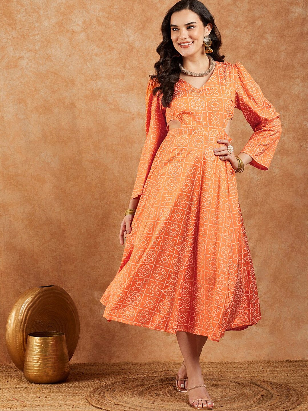 SHOOLIN V Neck Floral Printed A-Line Midi Dress