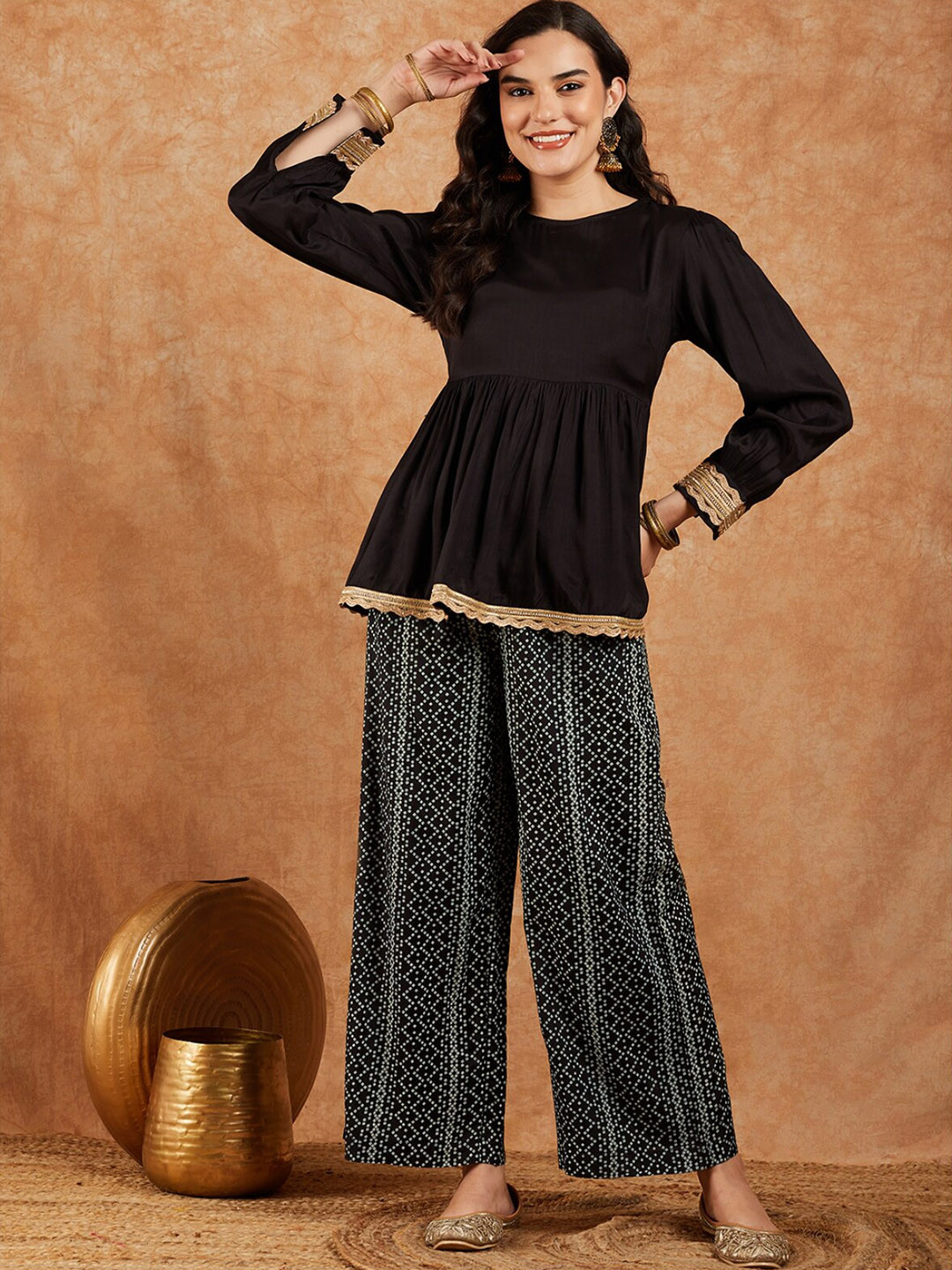 SHOOLIN Round Neck Empire Gotta Patti Pure Silk Kurti with Palazzos