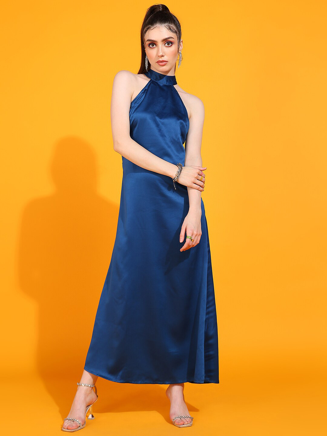 DODO & MOA Blue Satin Mock Neck Sleeveless Party Maxi Dress