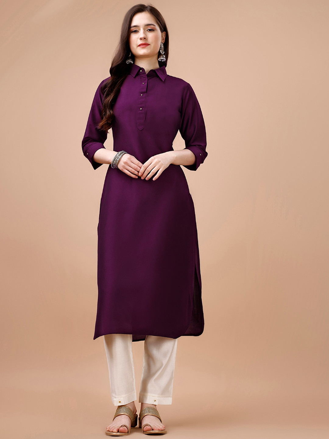 MOJILAA Shirt Collar Long Roll-Up Sleeves Straight Kurta
