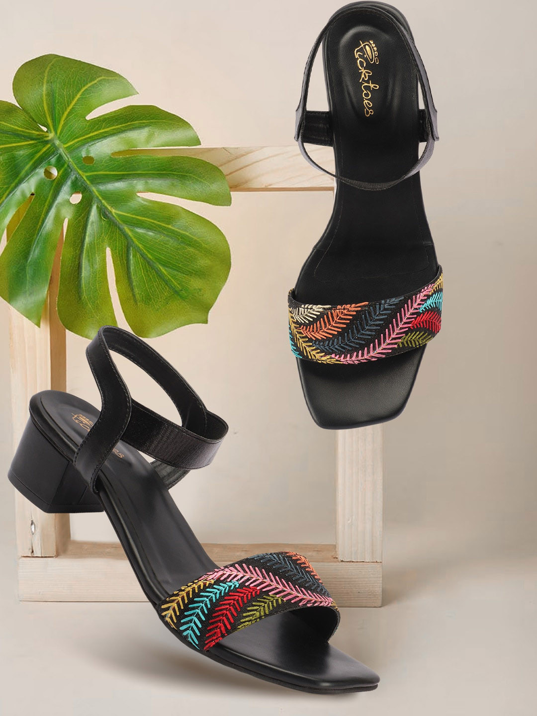 Picktoes Textured Open Toe Backstrap Block Heels