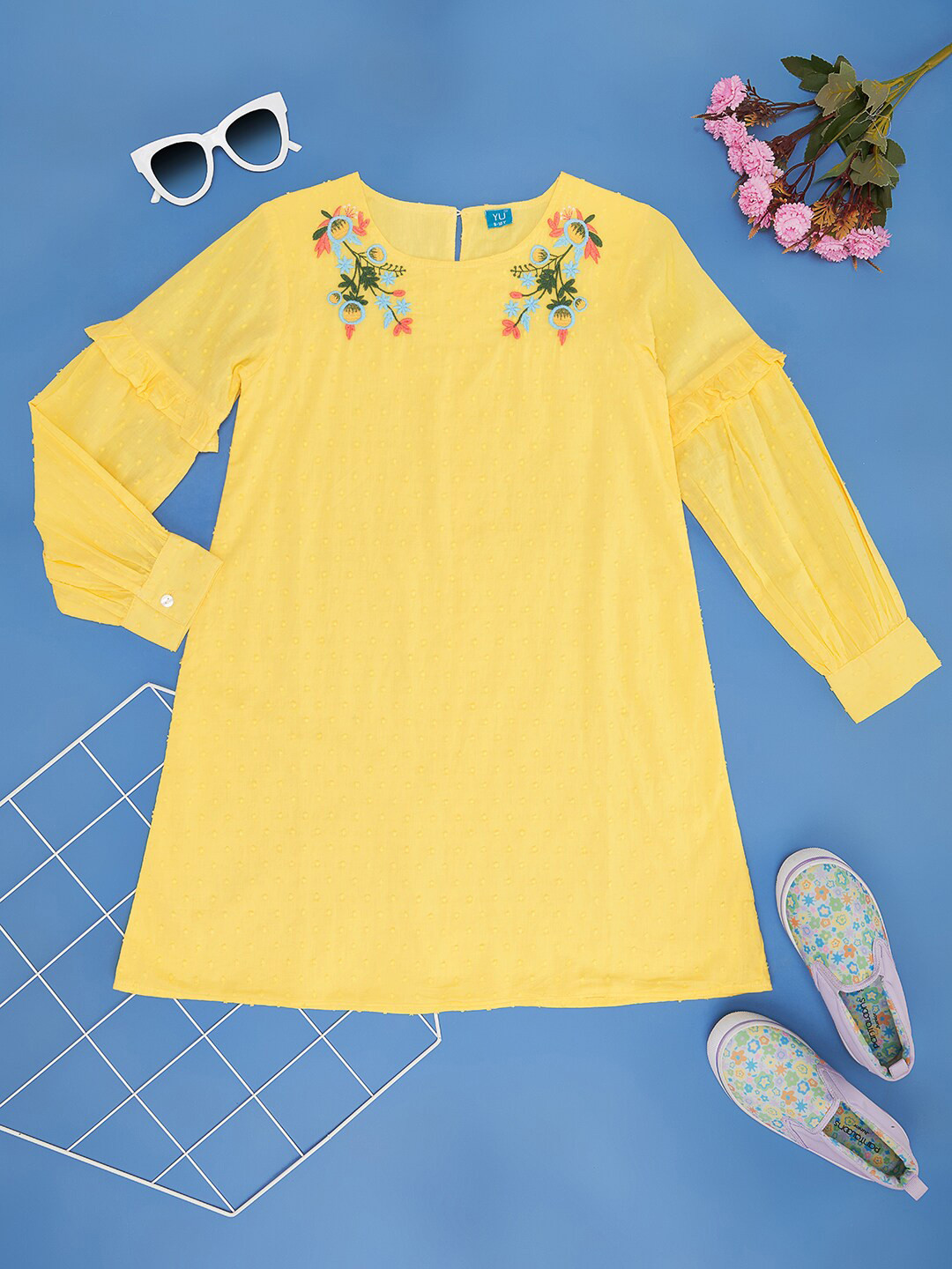 YU by Pantaloons Girls Embroidered Cuff Sleeve Pure Cotton A-Line Dress