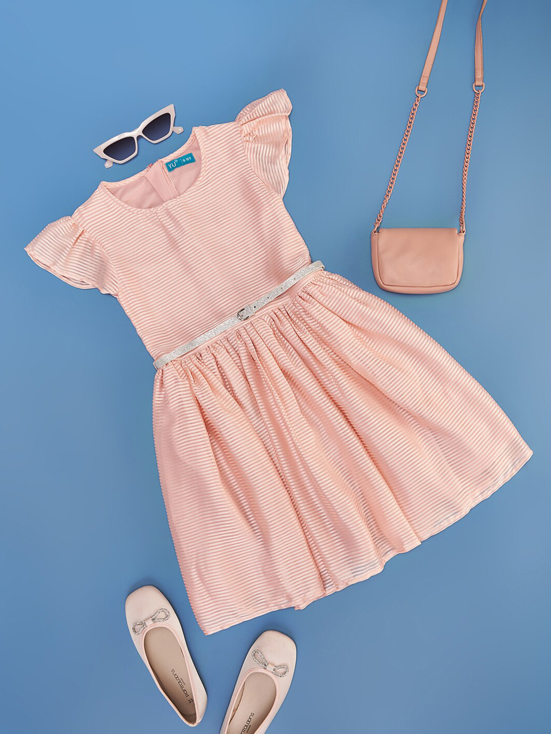 YU by Pantaloons Girls Striped Flutter Sleeves Fit & Flare Dress