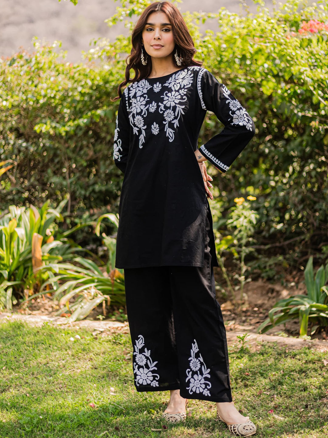 HOUSE OF KARI Saba Chikankari Embroidered Boat Neck Tunic With Trousers Ethnic Co-Ords