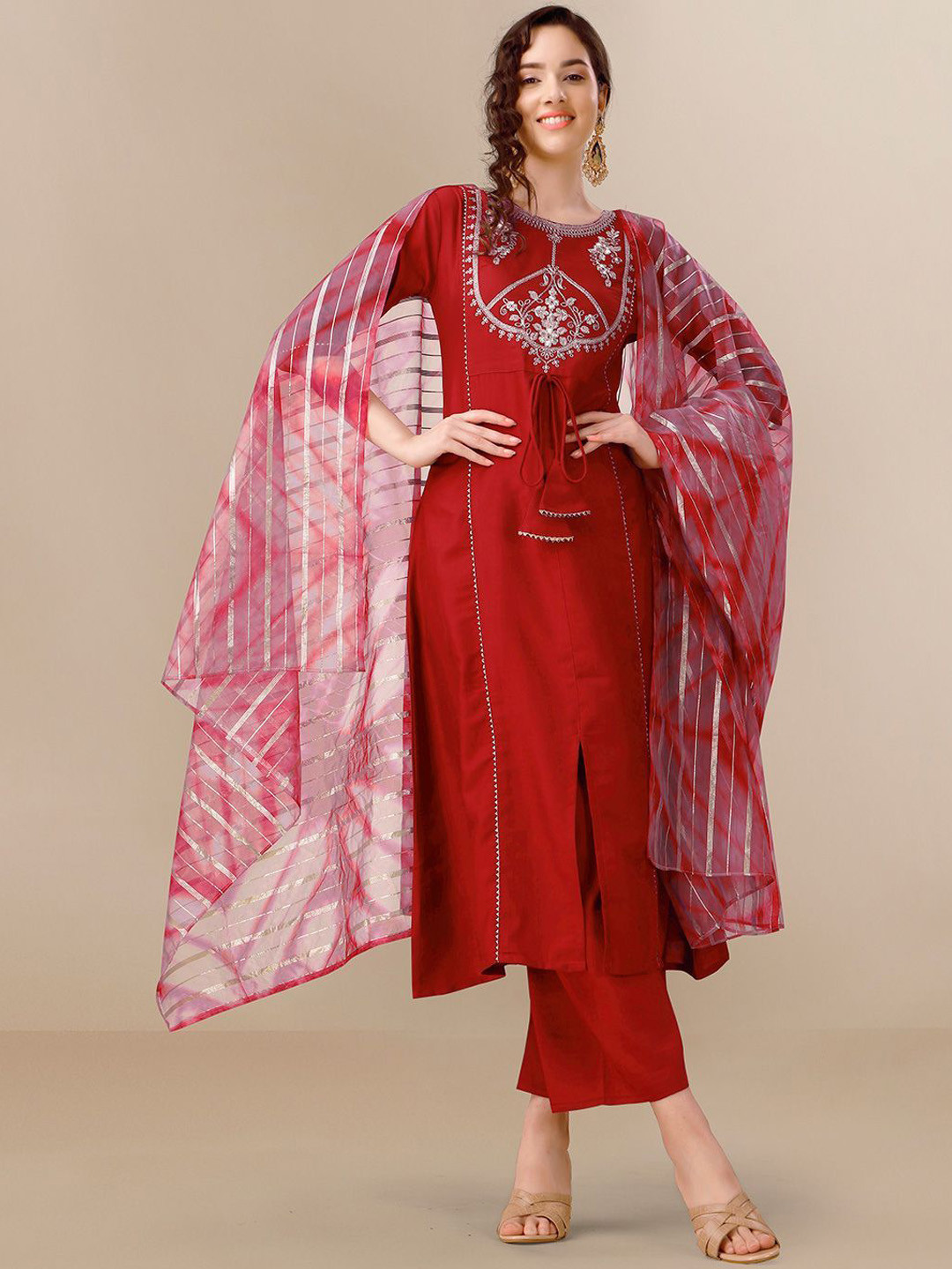 KALINI Embroidered Straight Front Slit Kurta Palazzo & Organza Dupatta Set