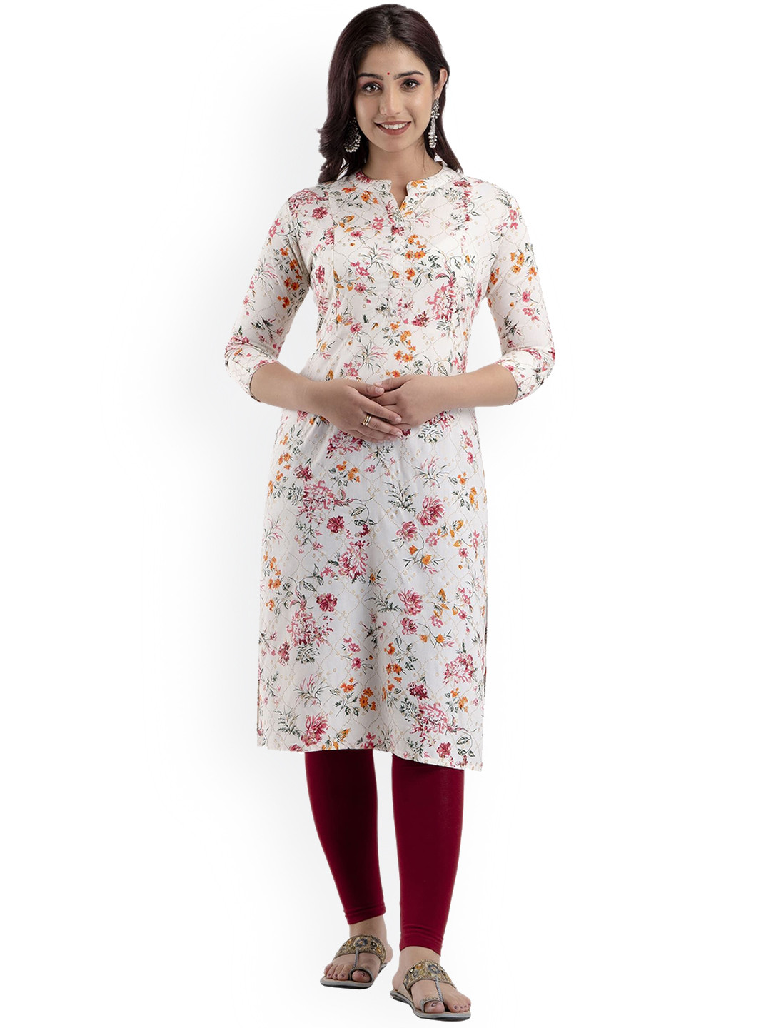 Charnest Floral Printed Zari Mandarin Collar Maternity High Slit Straight Kurta