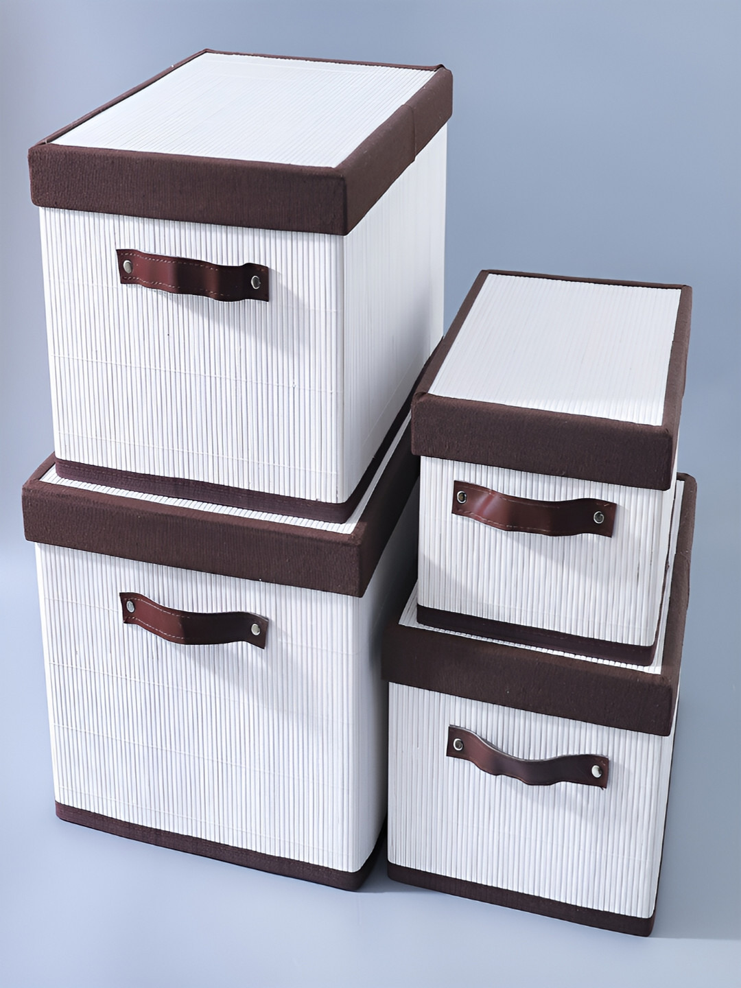 Kuber Industries White & Brown 4 Pieces Textured Bamboo Laundry Bags