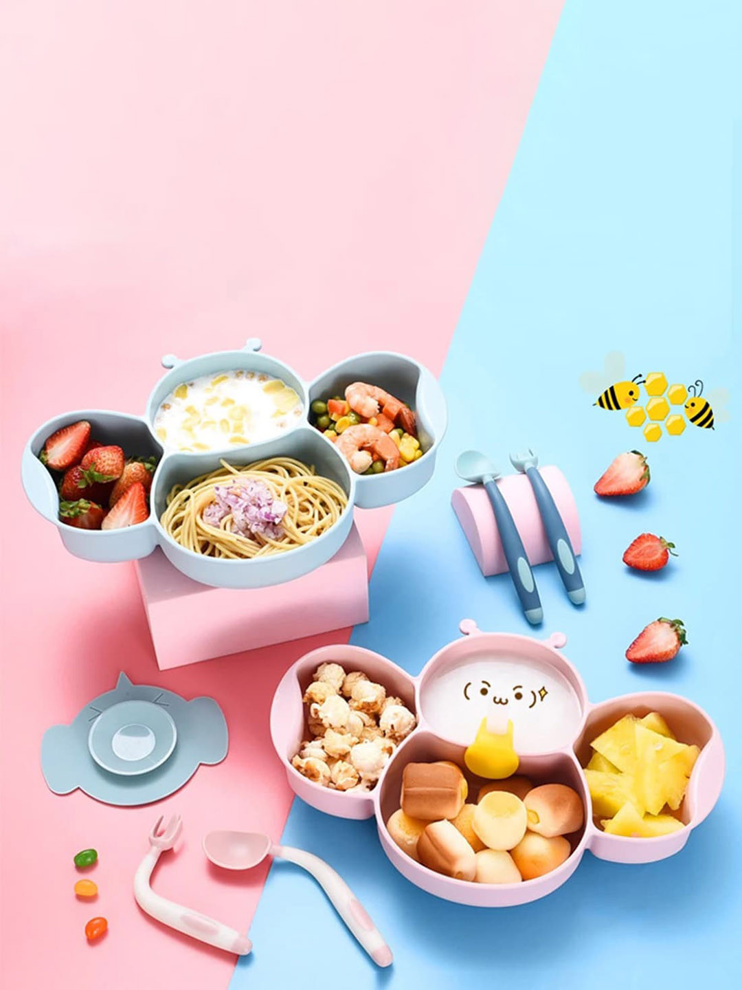 Babymoon Chopstick Blue Solid Silicone Dishwasher Safe 6 Piece Dinner Set