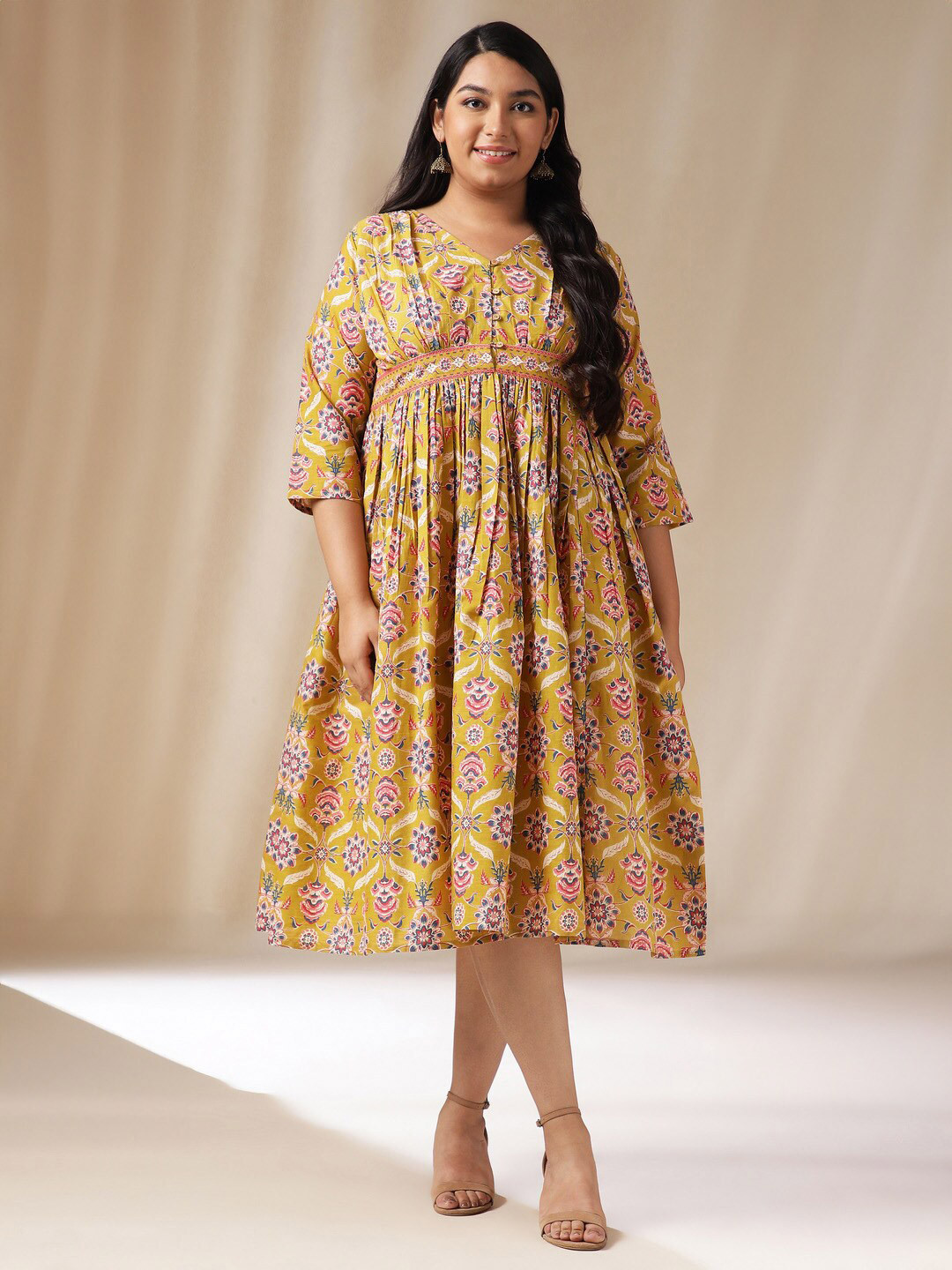 Janasya Floral Printed Gathered or Pleated Plus Size Cotton Empire Midi Dress