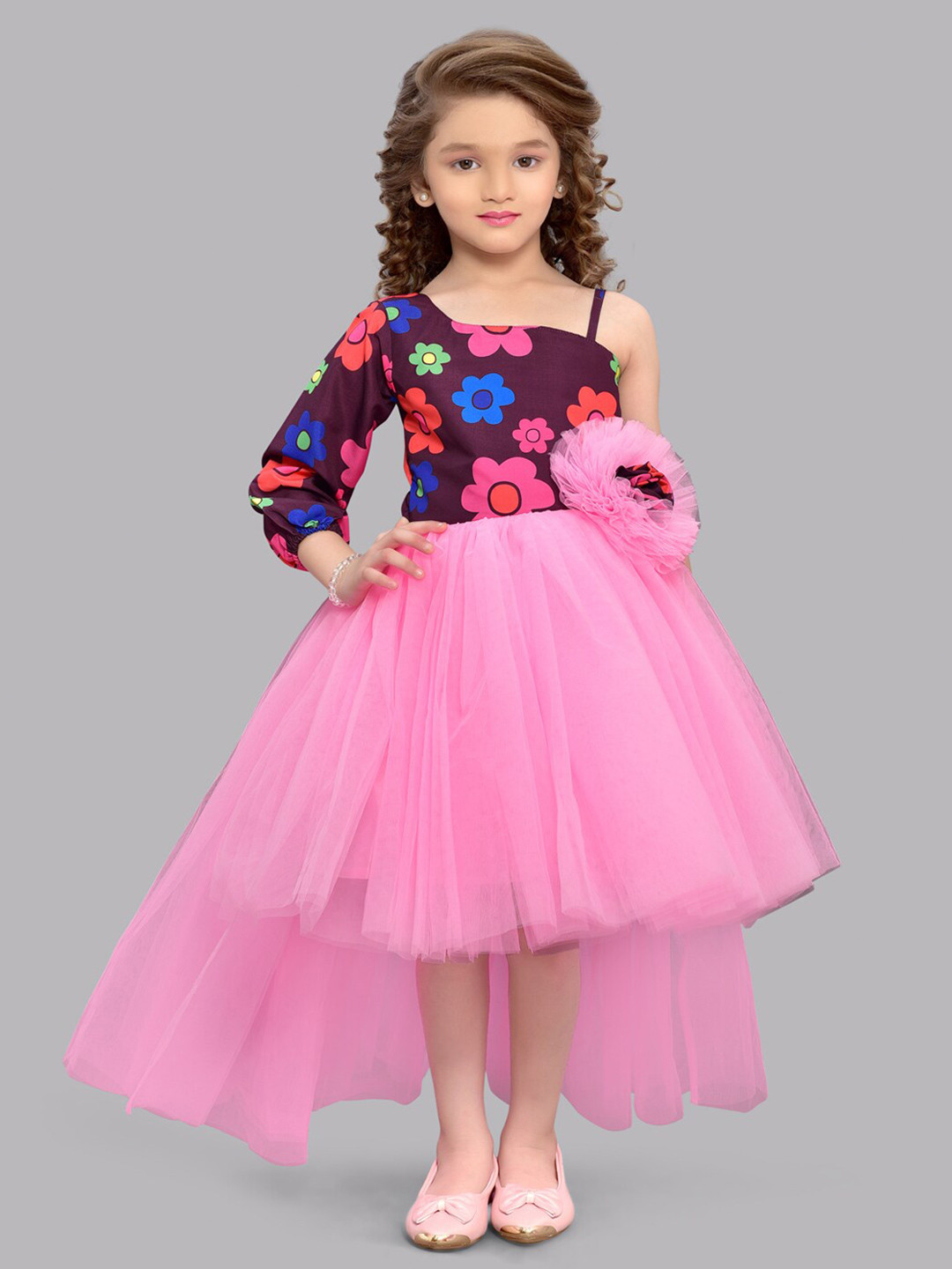 Buy Pink Chick Floral Print Puff Sleeve Satin Midi Fit And Flare