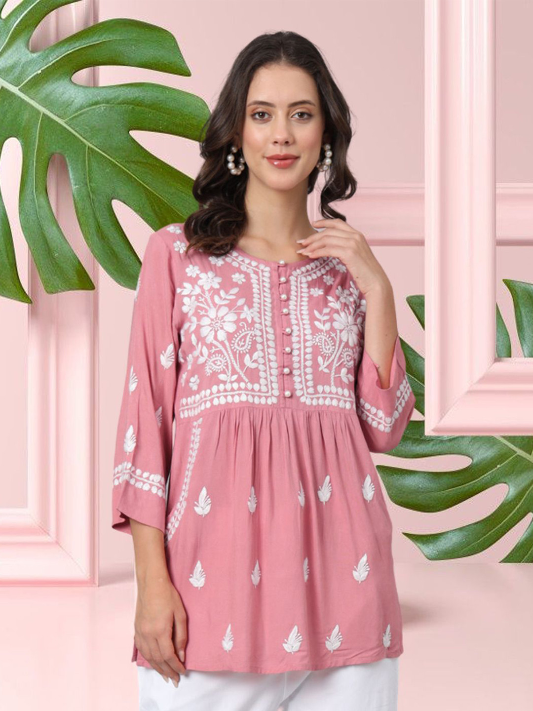 PARAMOUNT CHIKAN Women Embroidered Lucknowi Chikankari Rayon Rust Kurti