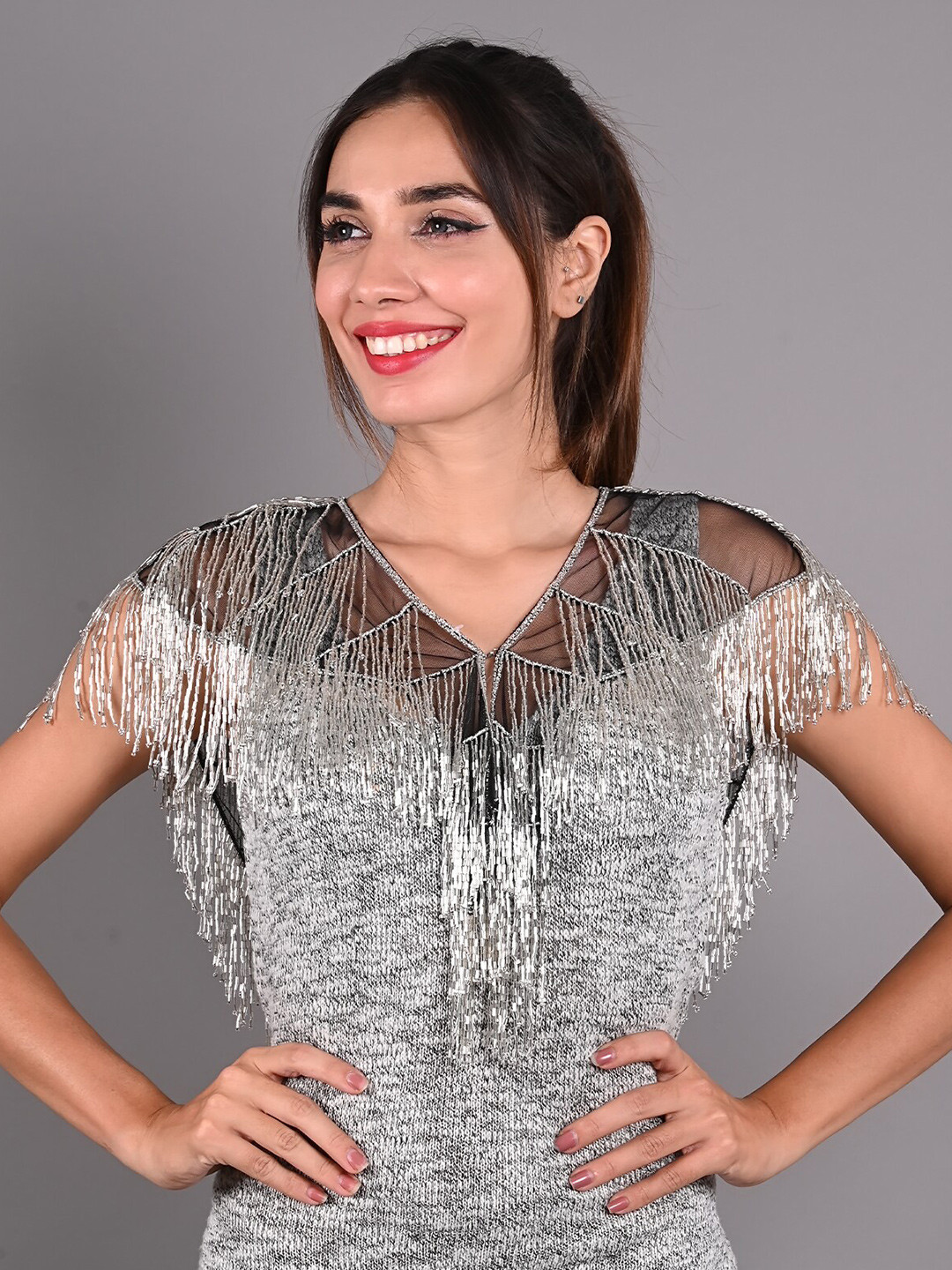 ODETTE Embellished Fringed Cape
