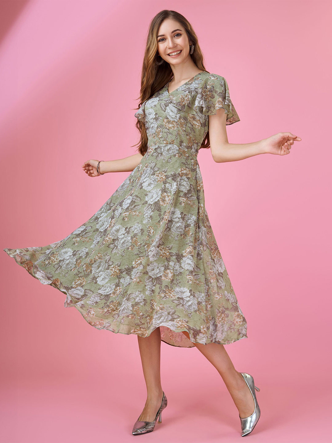 MOJILAA Women Georgette Floral Printed Empire Dress With Ruffles