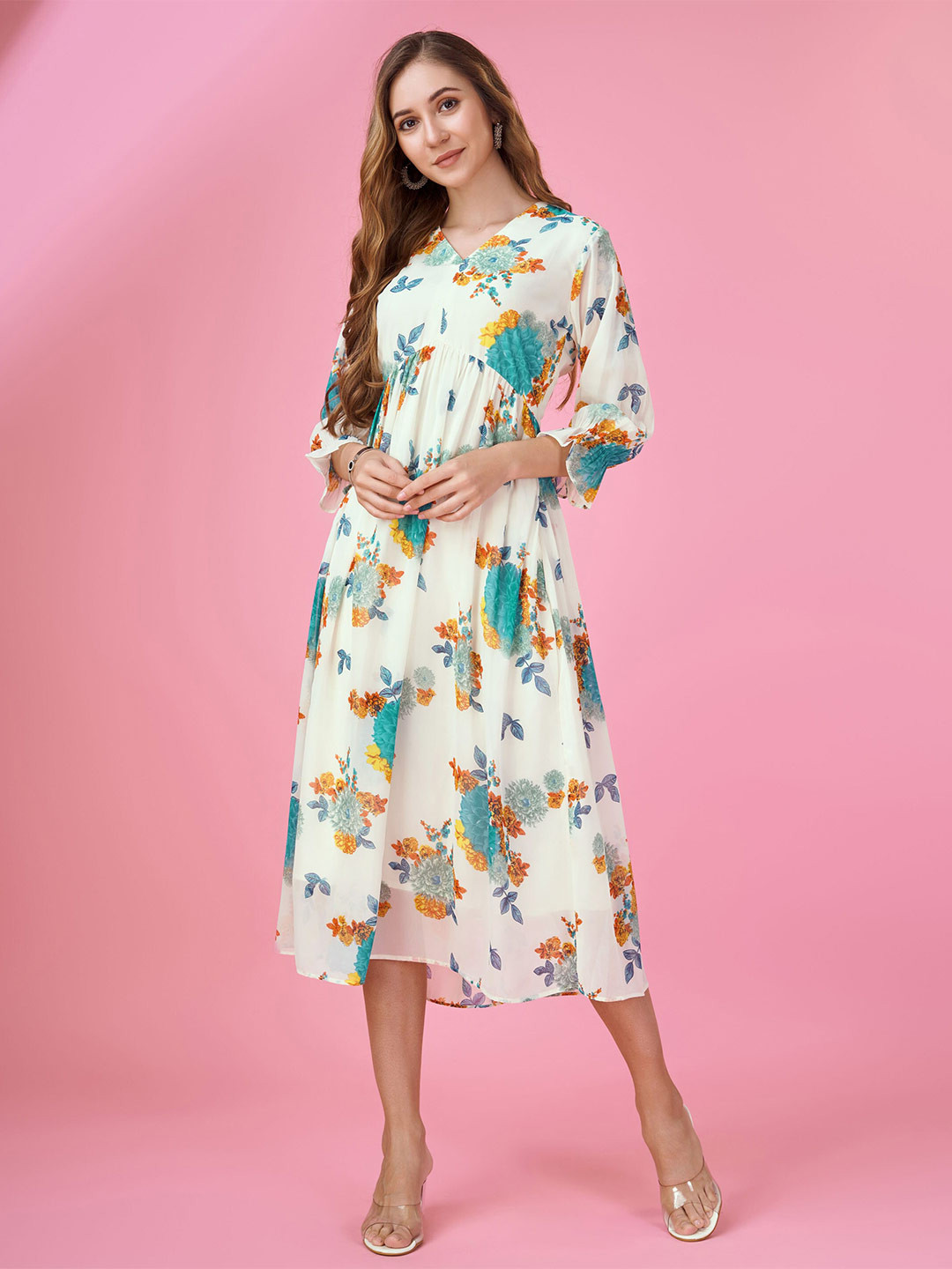 MOJILAA Women Georgette Botanical Printed Flared Dress With Empire Style